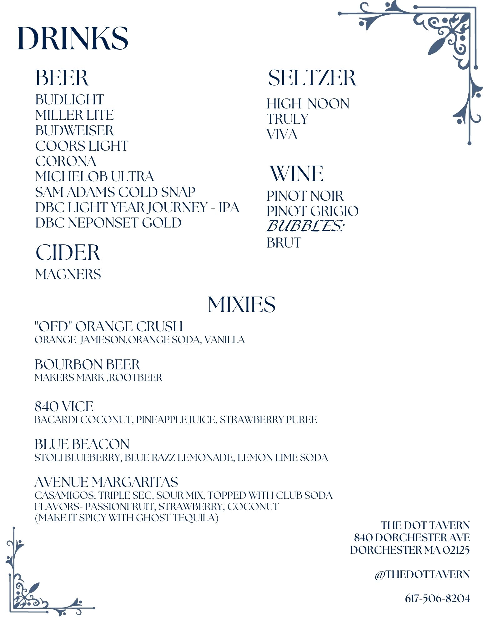 The Dot Tavern Menu