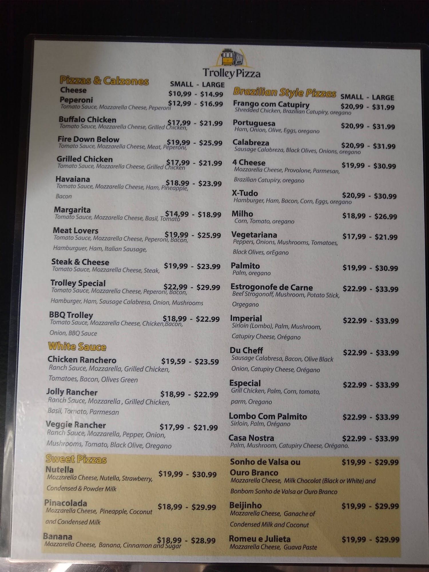 Trolley Pizza Menu