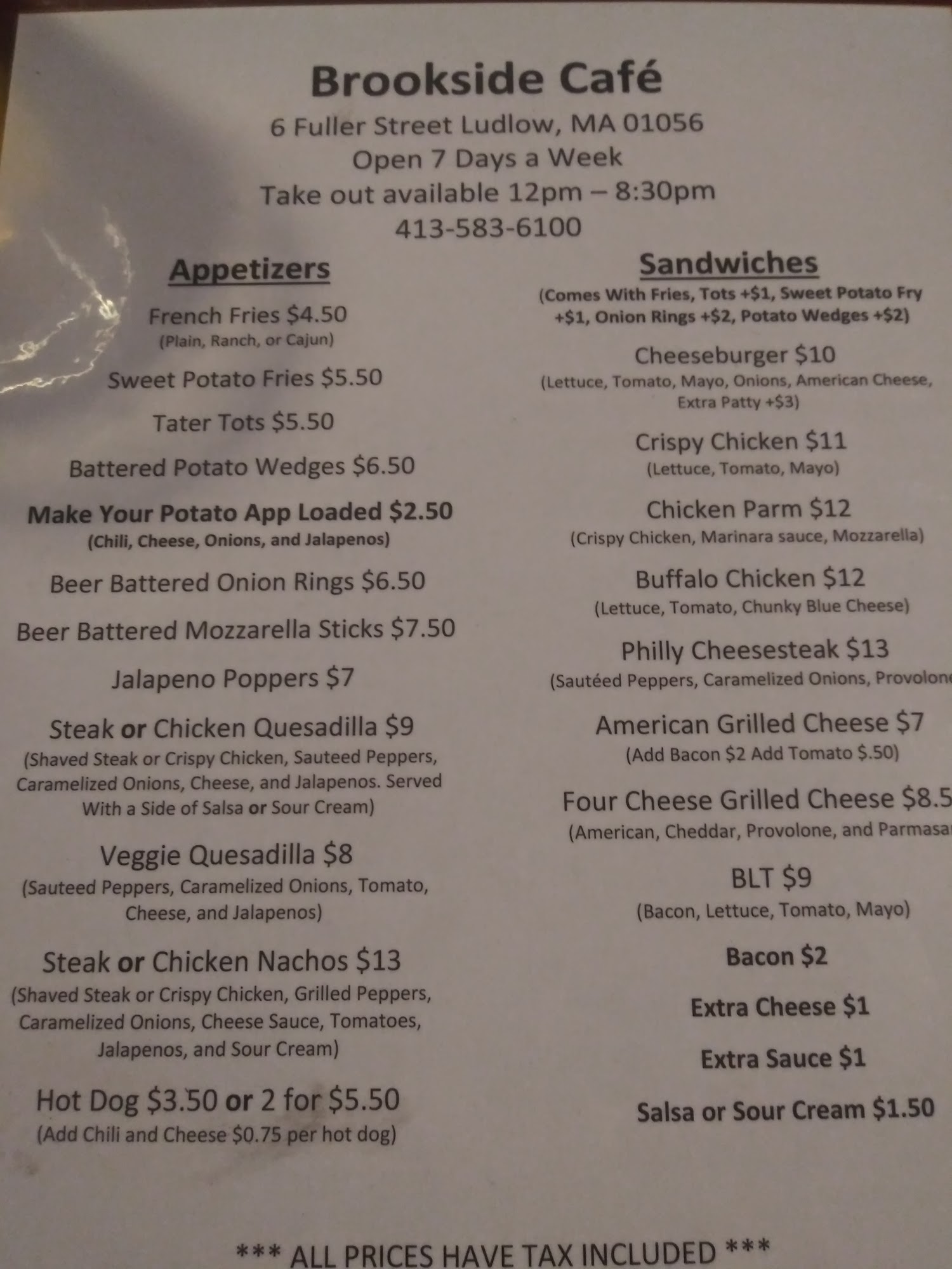 Brookside Cafe Menu