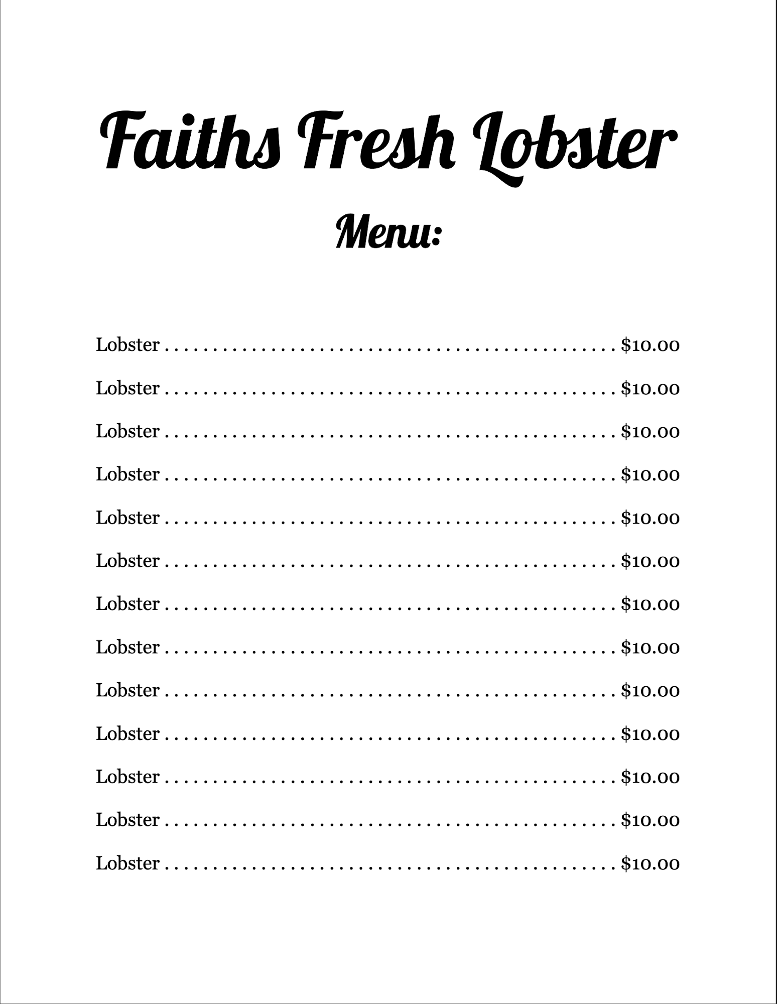 Faith's Fresh Lobster Menu