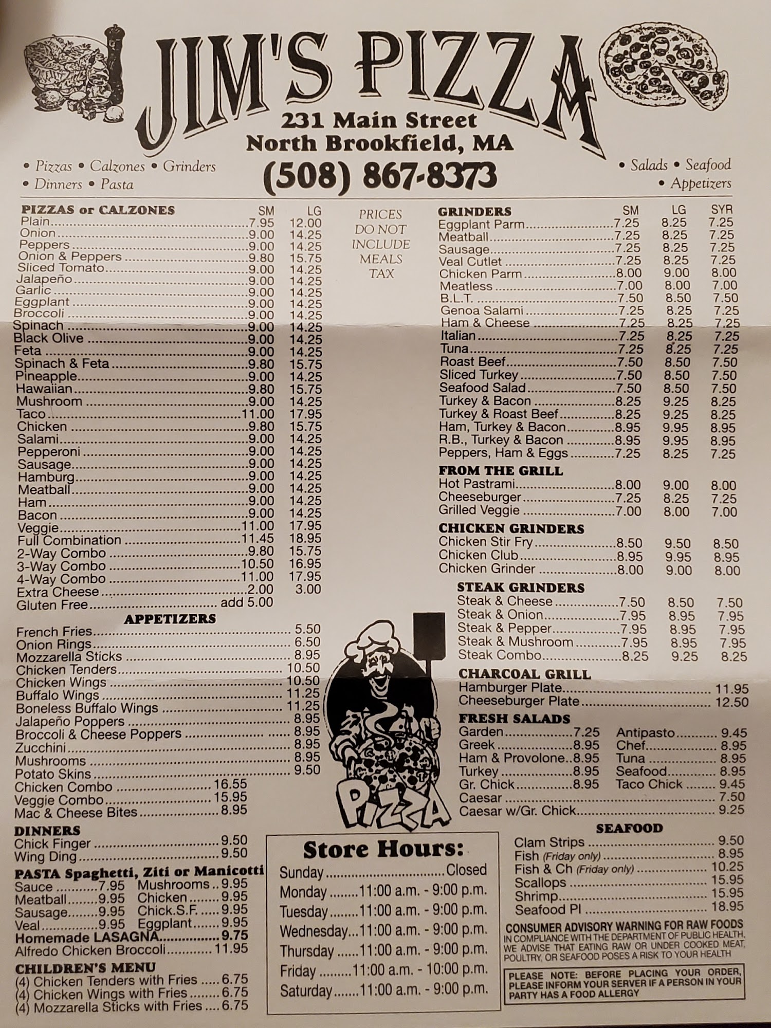 Jim's Pizza Menu