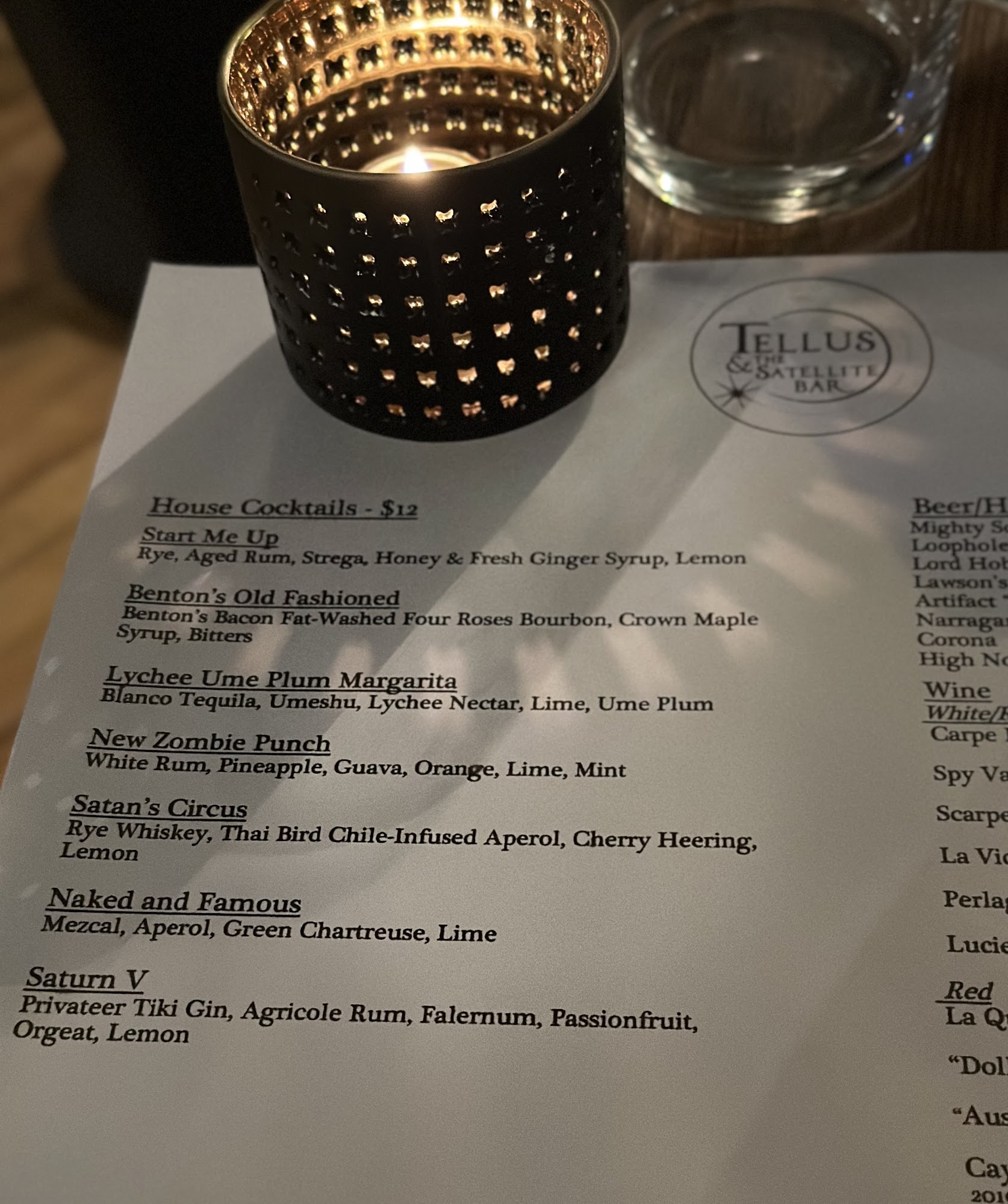Tellus & the Satellite Bar Menu