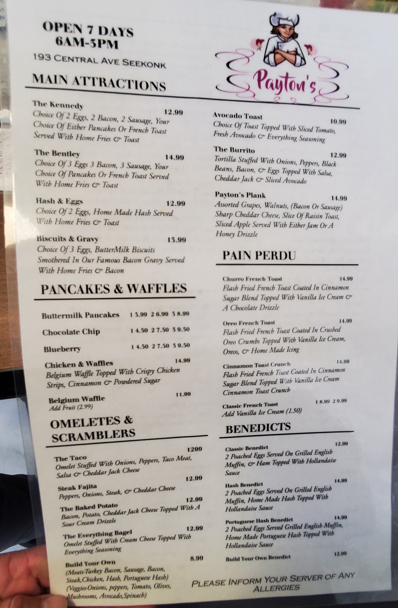 Payton’s Menu