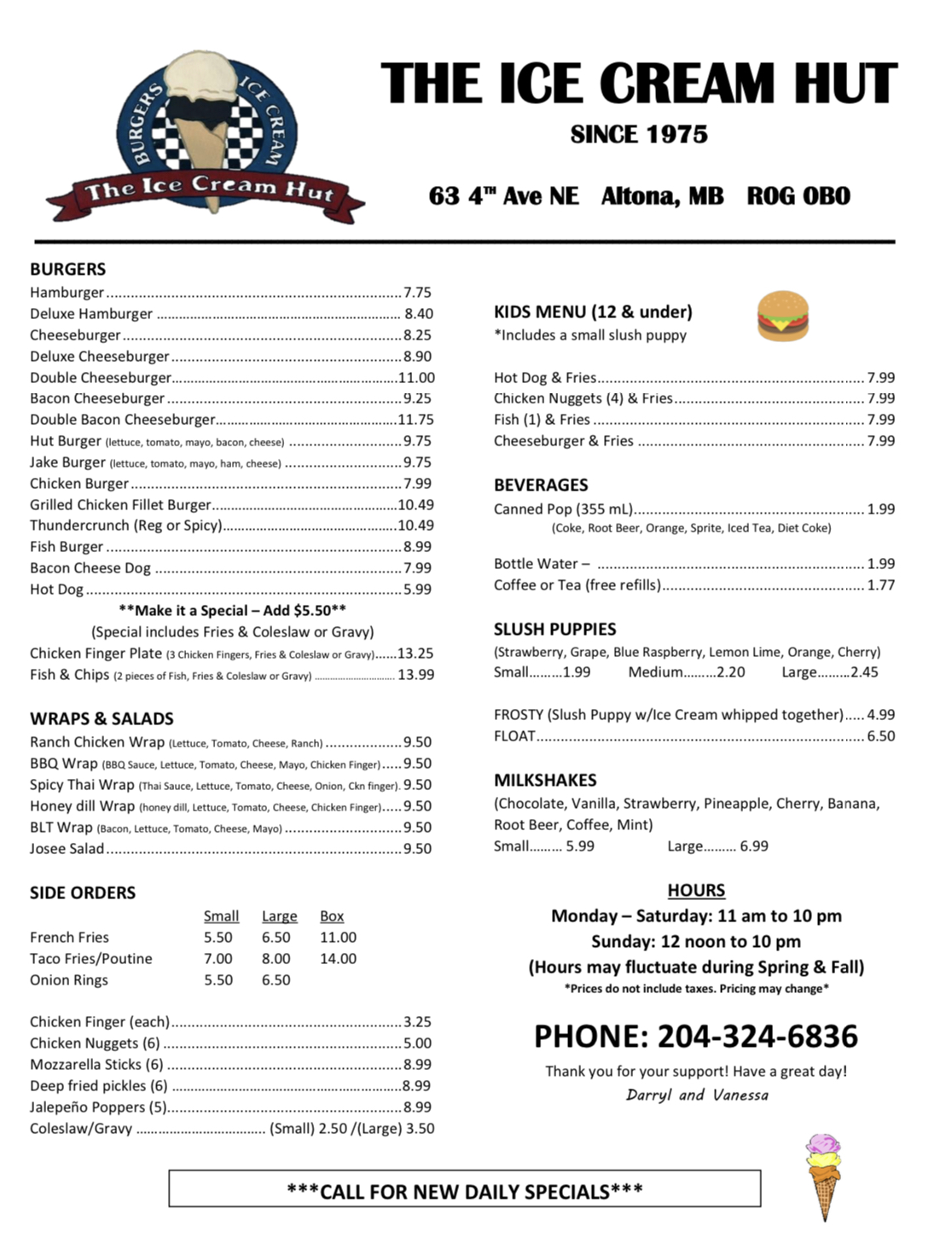 The Ice Cream Hut Menu