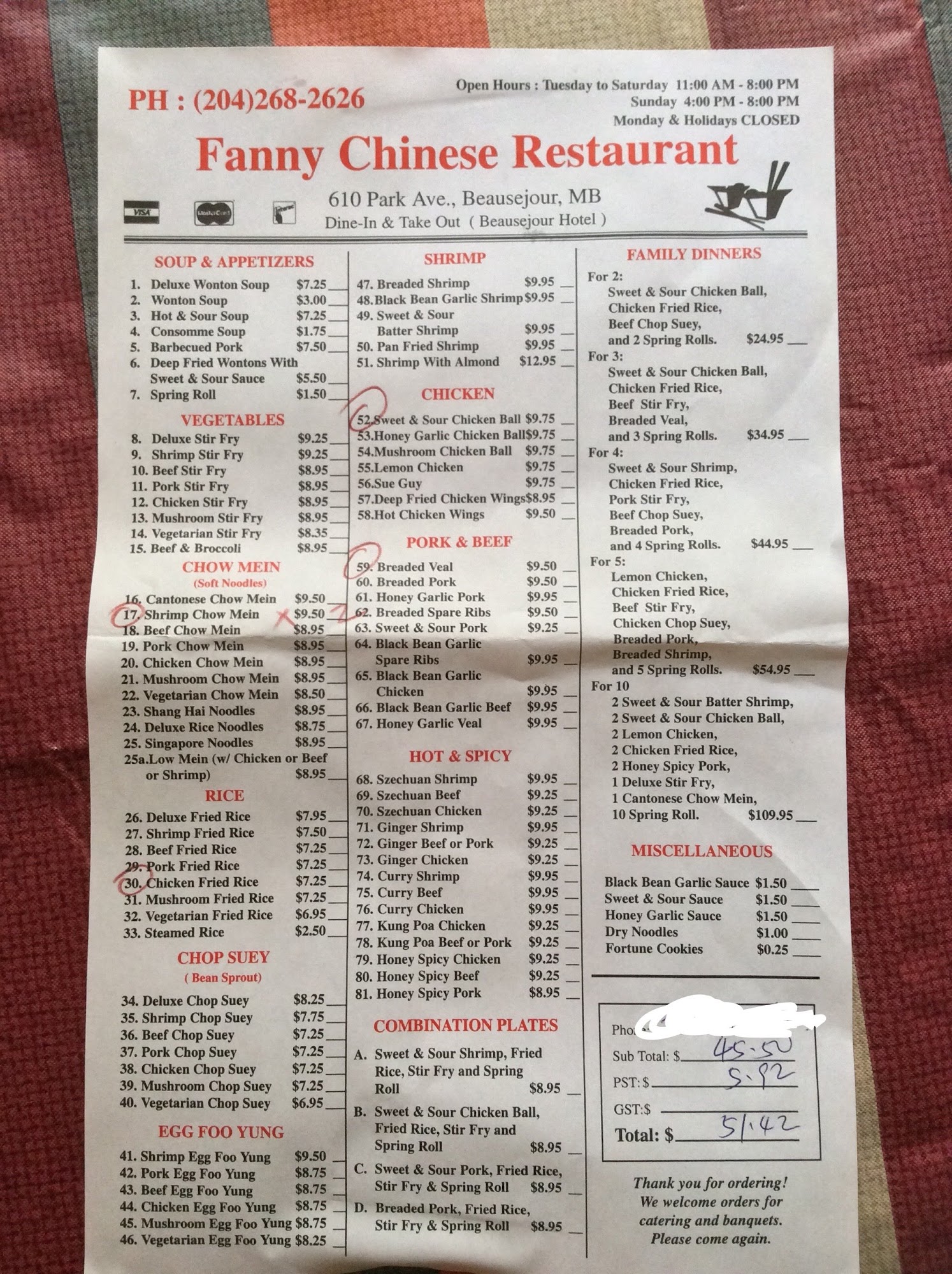 Fanny's Chinese Food Menu