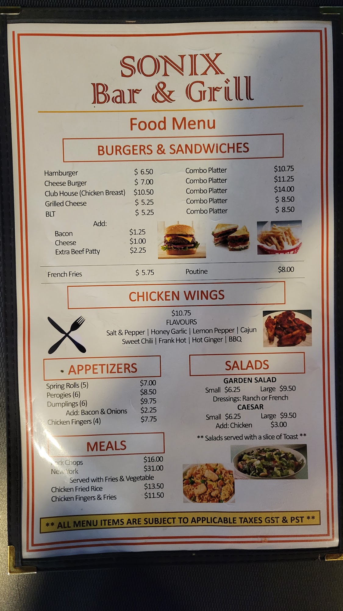 Sonix Bar & Grill Menu
