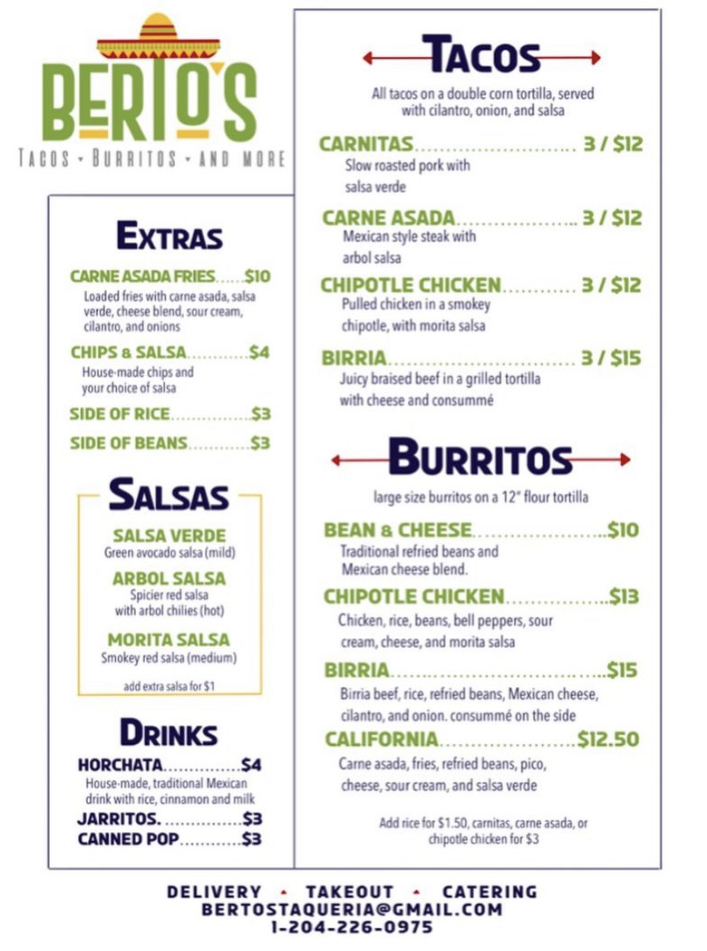 Bertos taqueria Menu