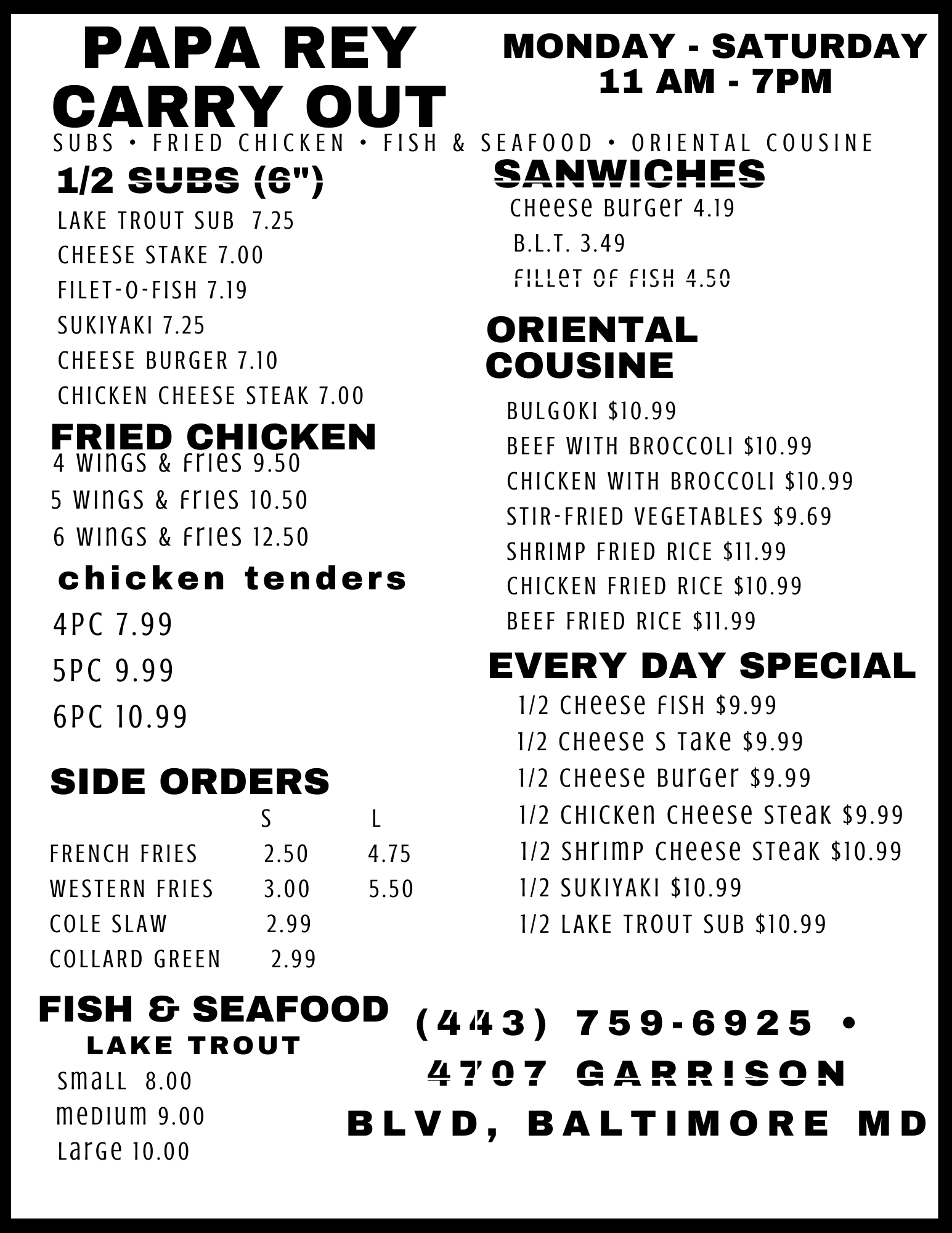 PAPA REY CARRY OUT Menu