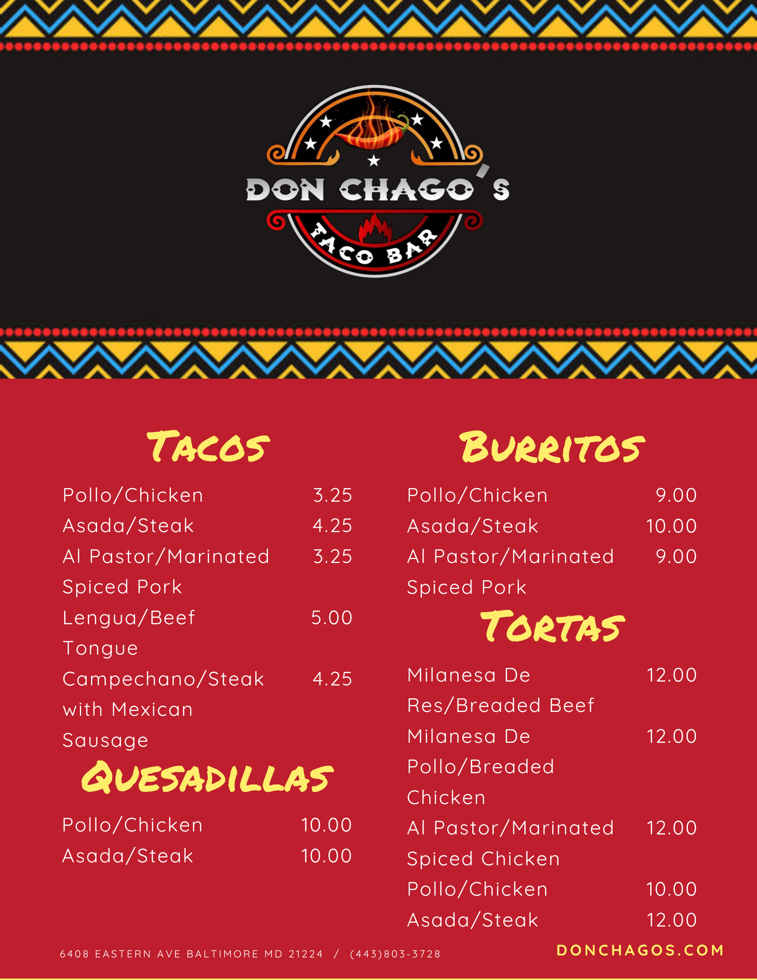 Don Chago’s Menu