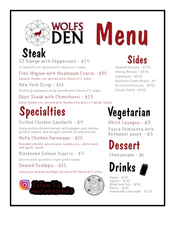 WolfsDen steaks Menu