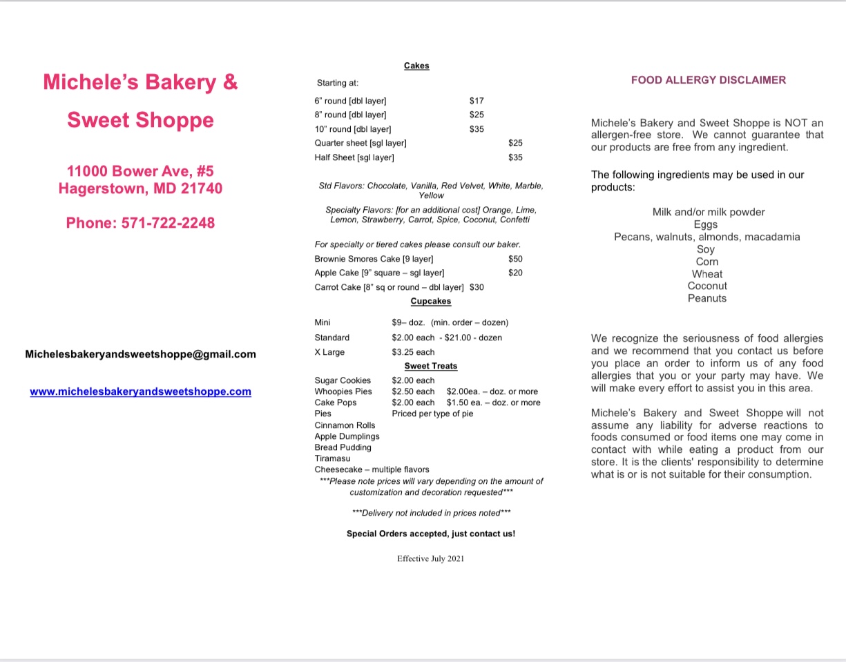 Michele's Bakery and Sweet Shoppe Menu