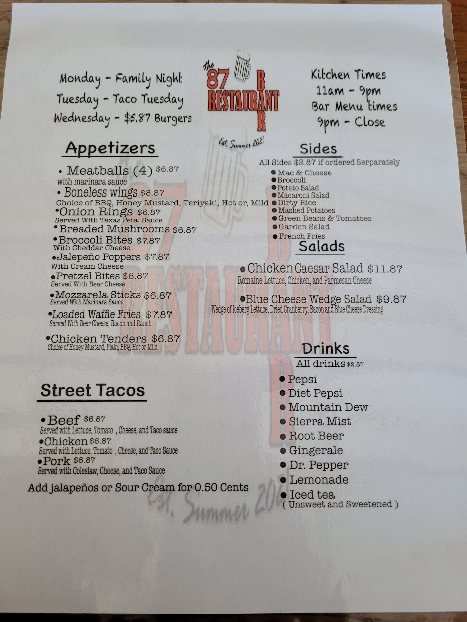The 87 Bar and Restaurant Menu