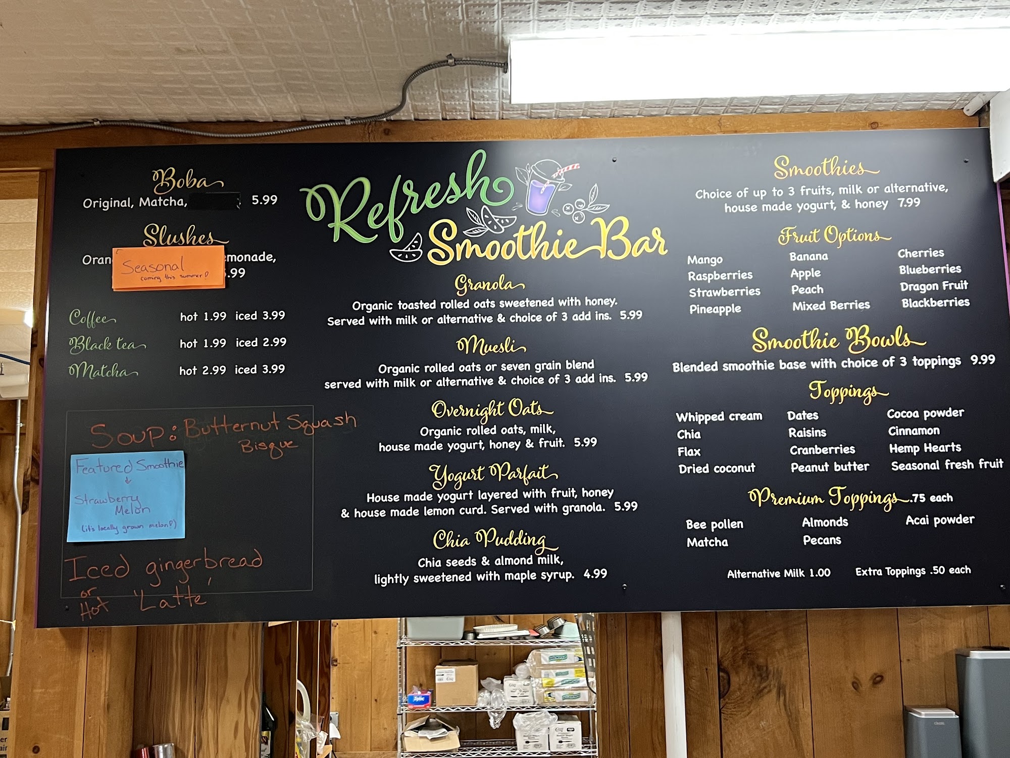 Refresh Smoothie Bar Menu