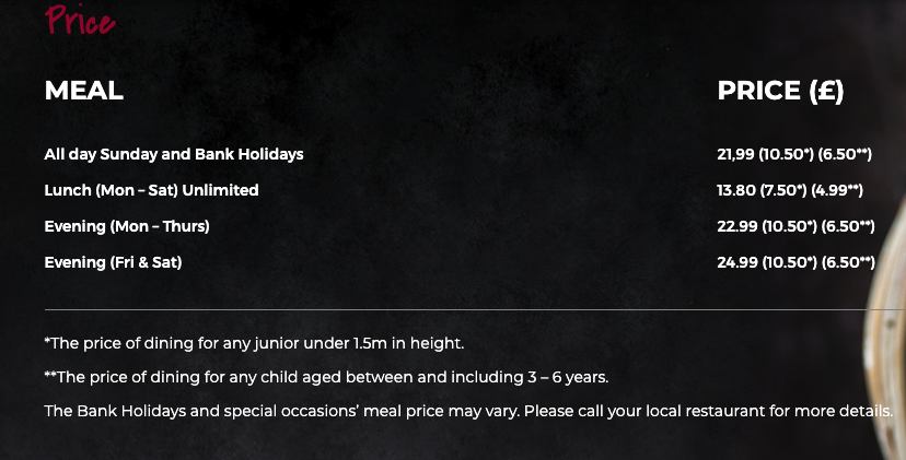 TCB St Helens - Unlimited Dining Experience Menu