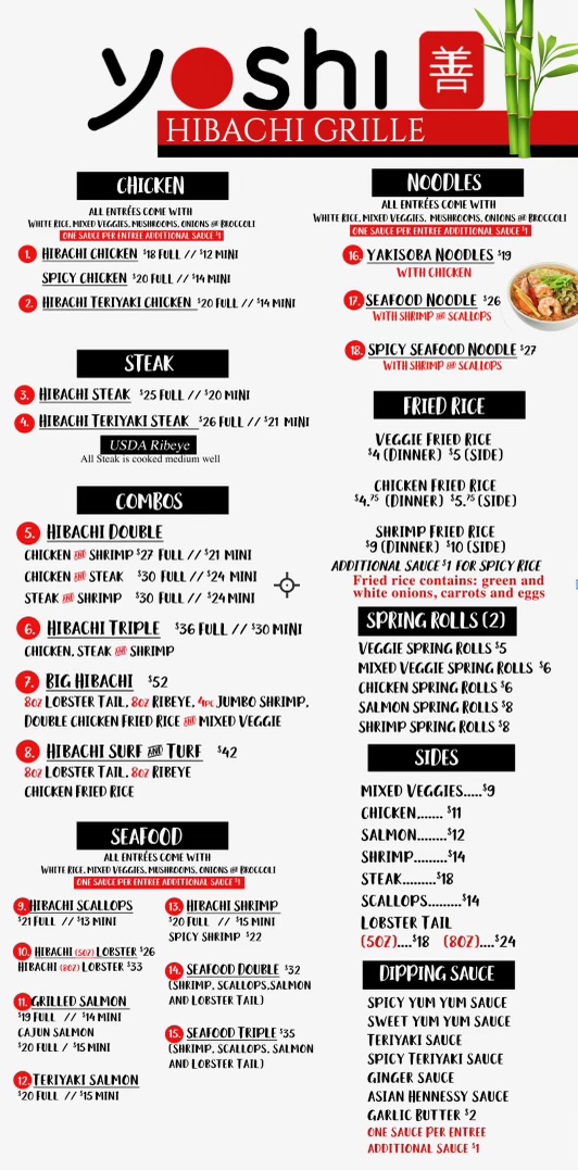 Yoshi Hibachi Grille Southwest Menu