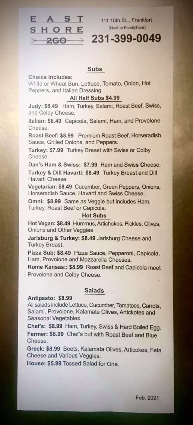 East Shore 2GO Menu