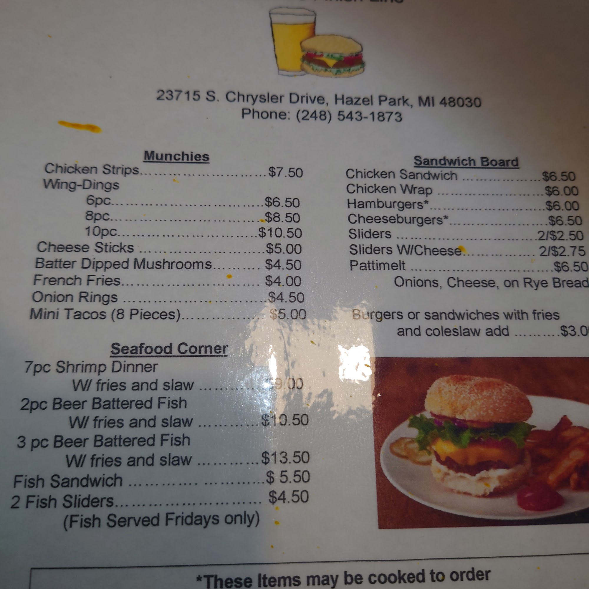 Connie's Finish Line Menu