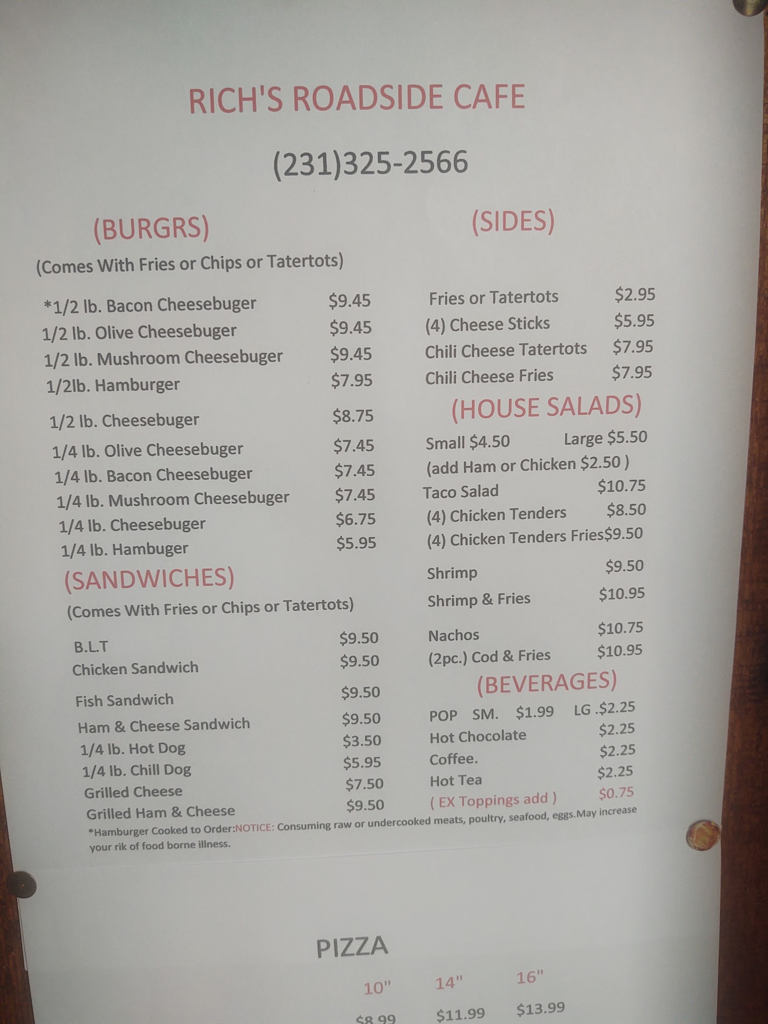 Rich's roadside cafe Menu