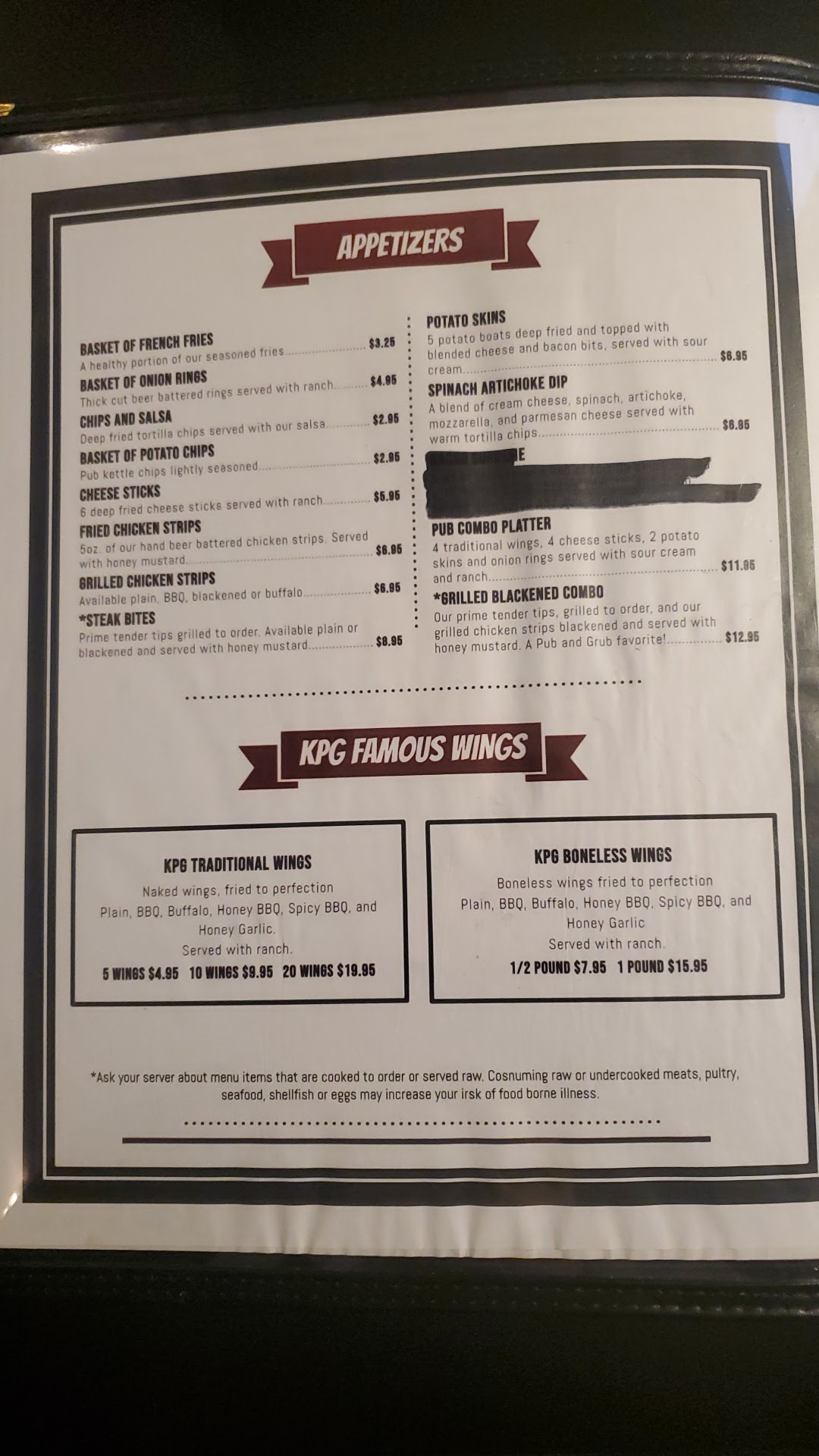 K T Tavern Menu