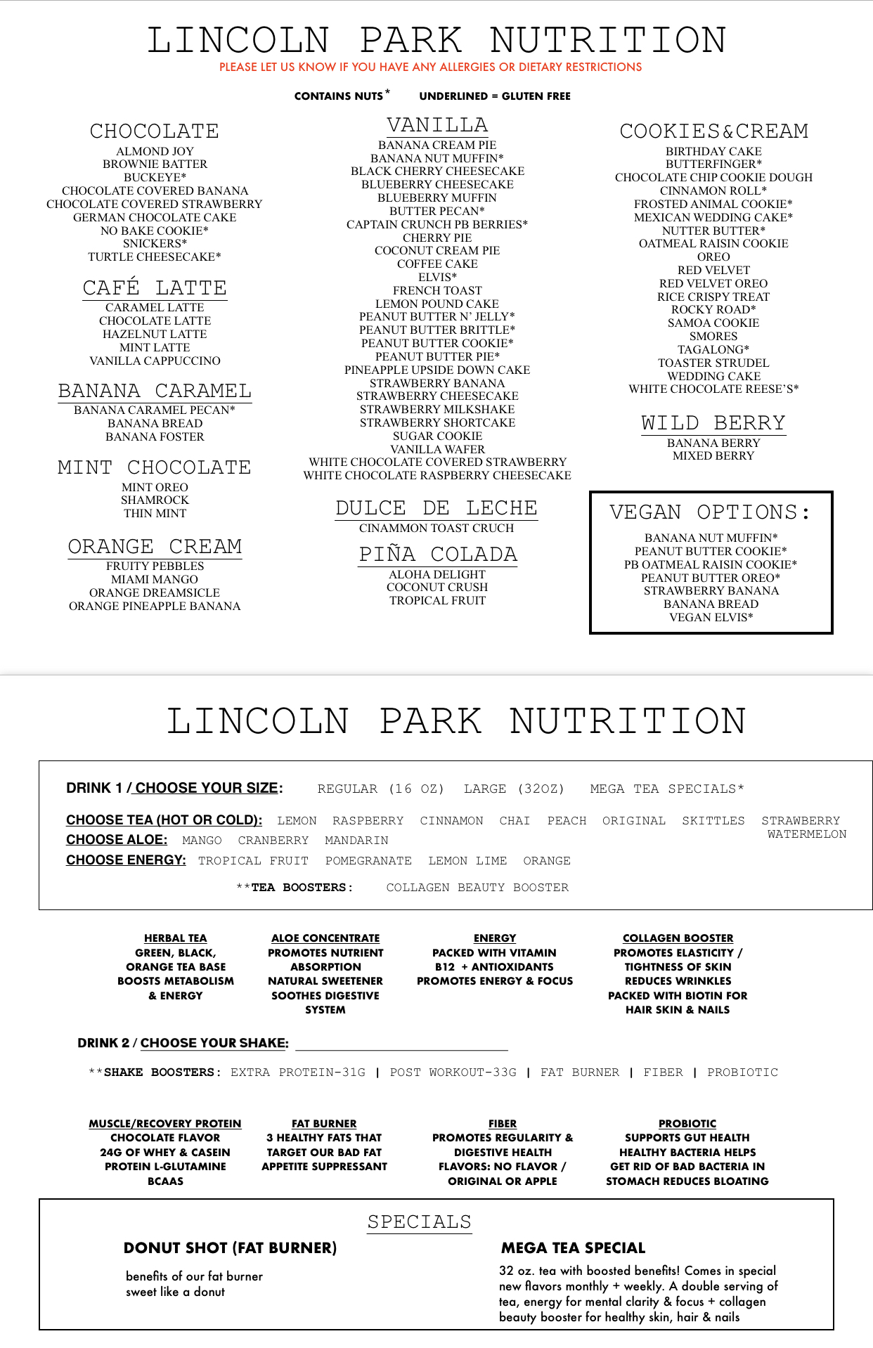 Lincoln Park Nutrition Menu