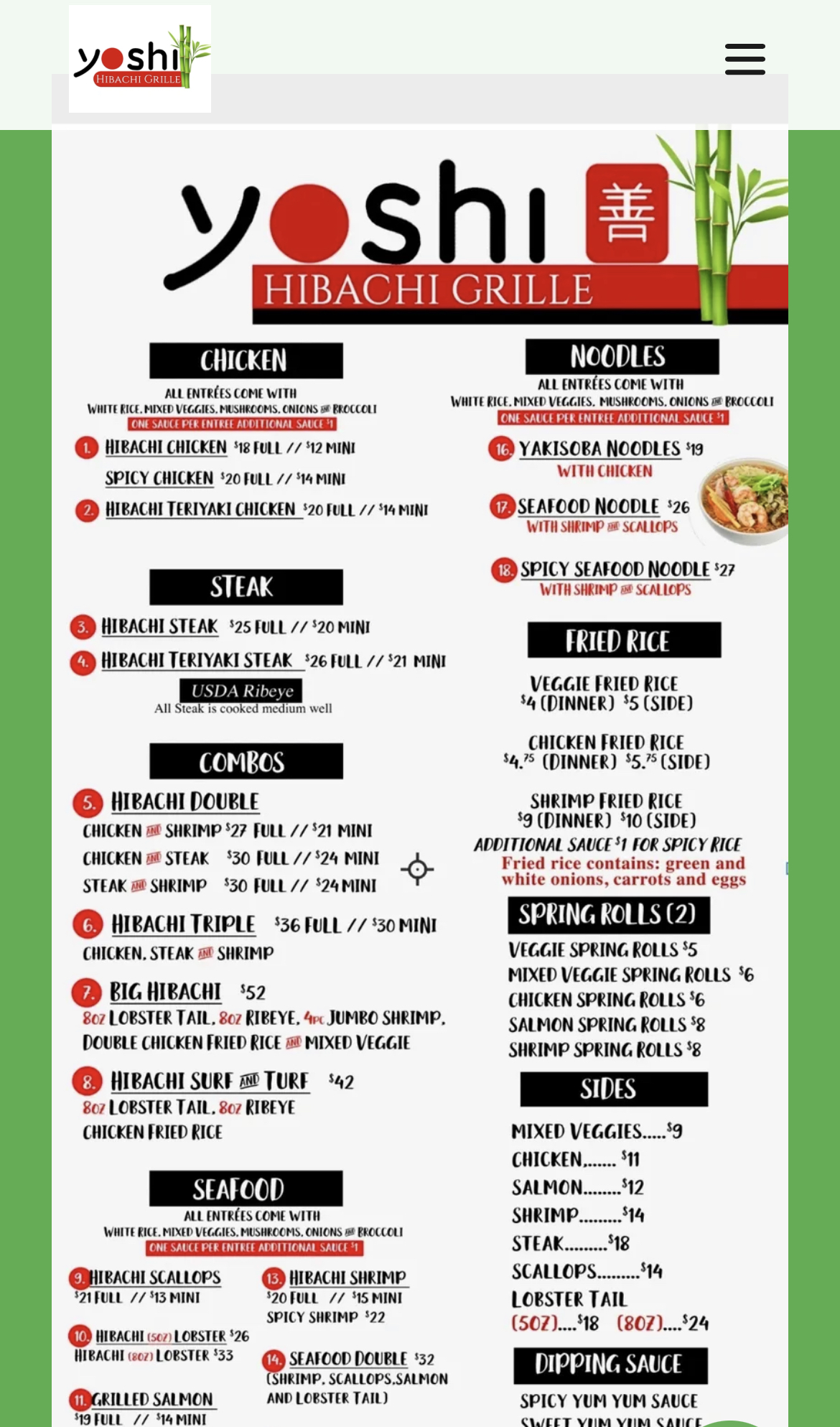 Yoshi Hibachi Grille Menu