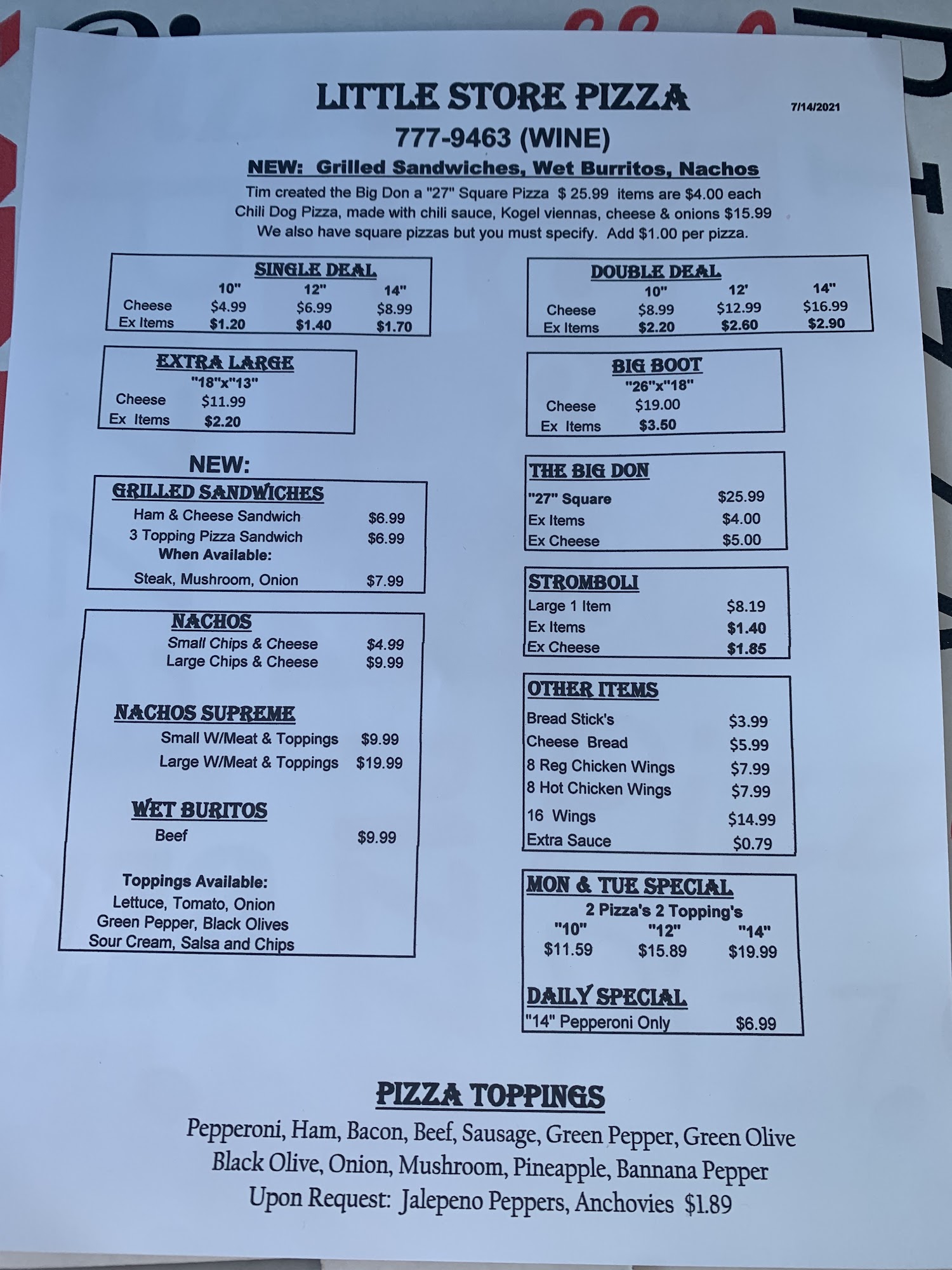 Little Store Menu