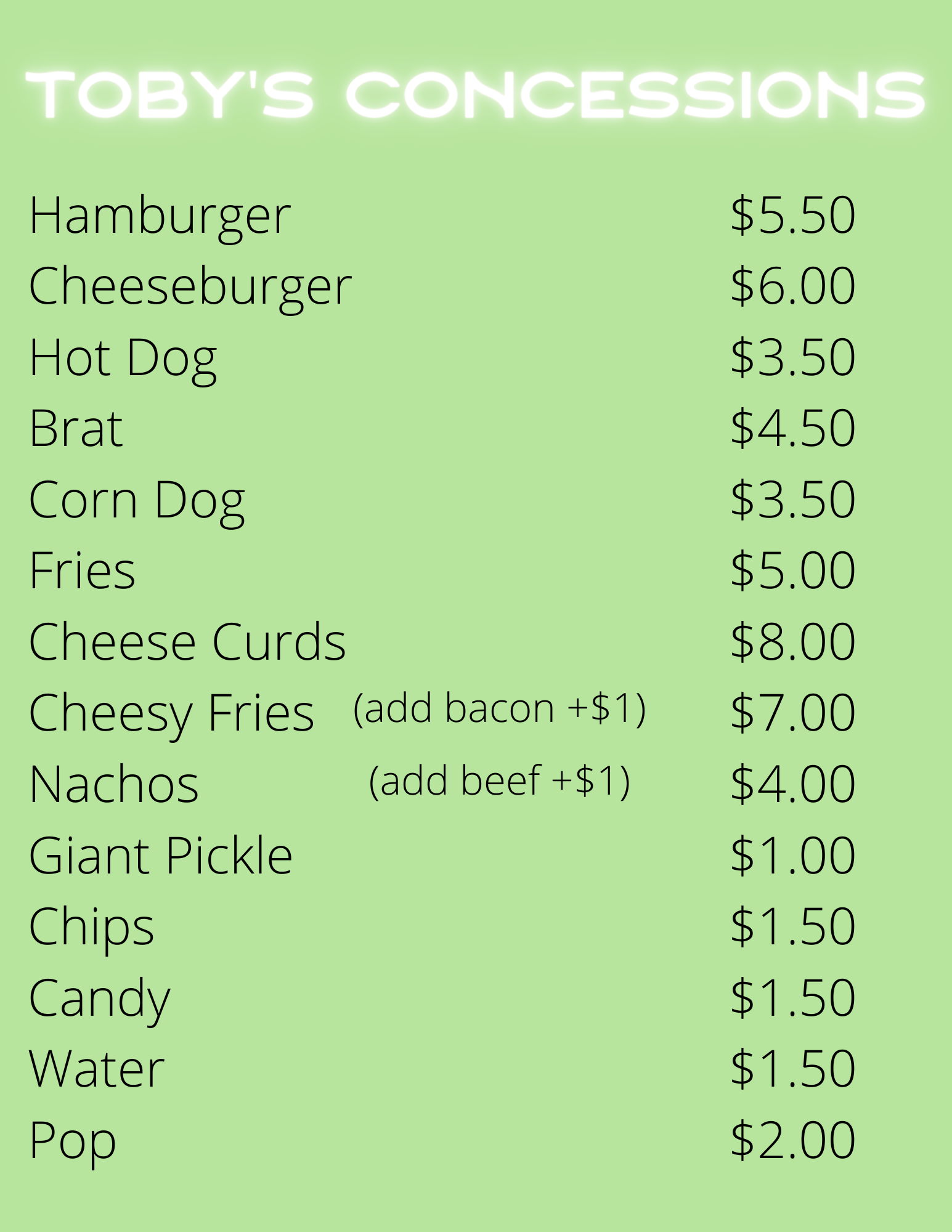 Toby's Concessions Menu