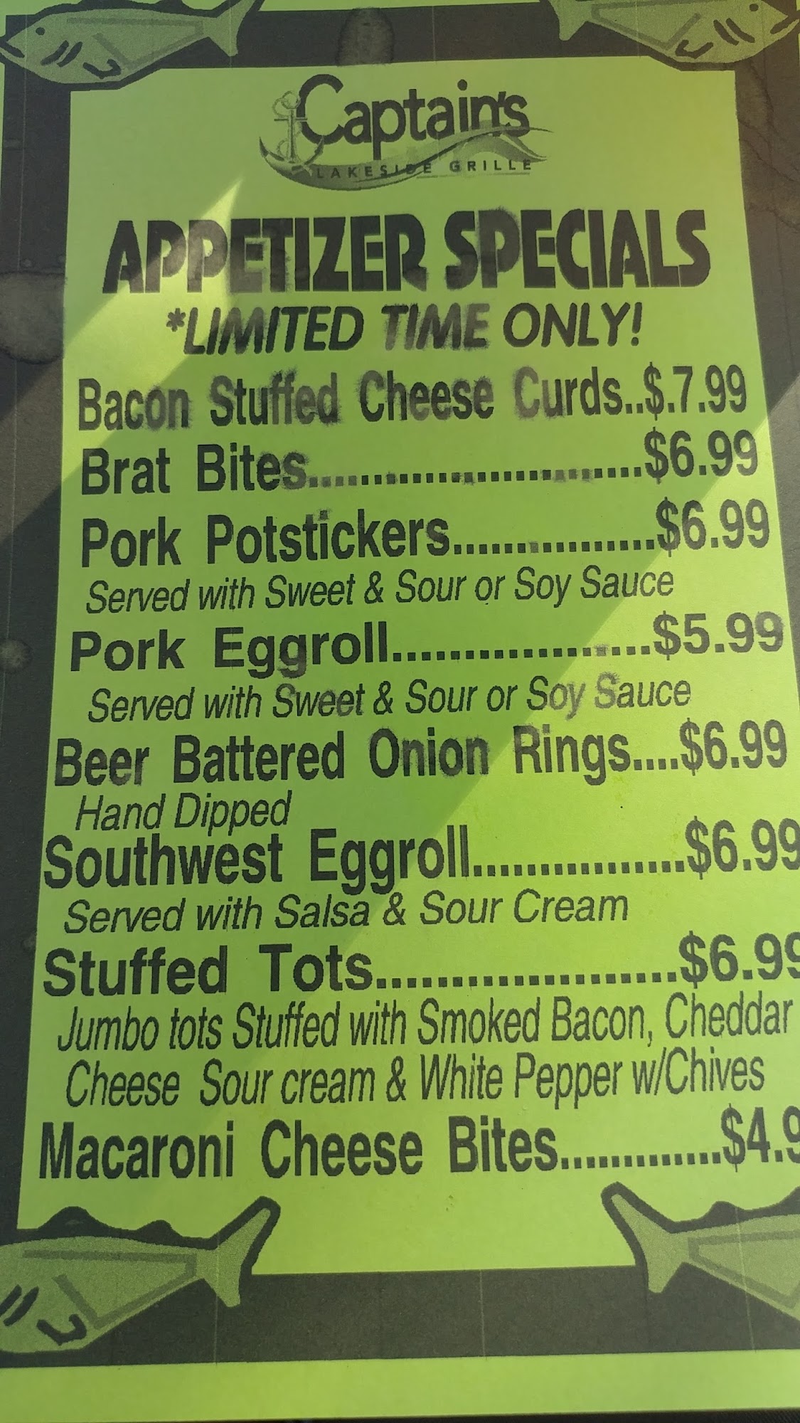 Captains Lakeside Grille Menu