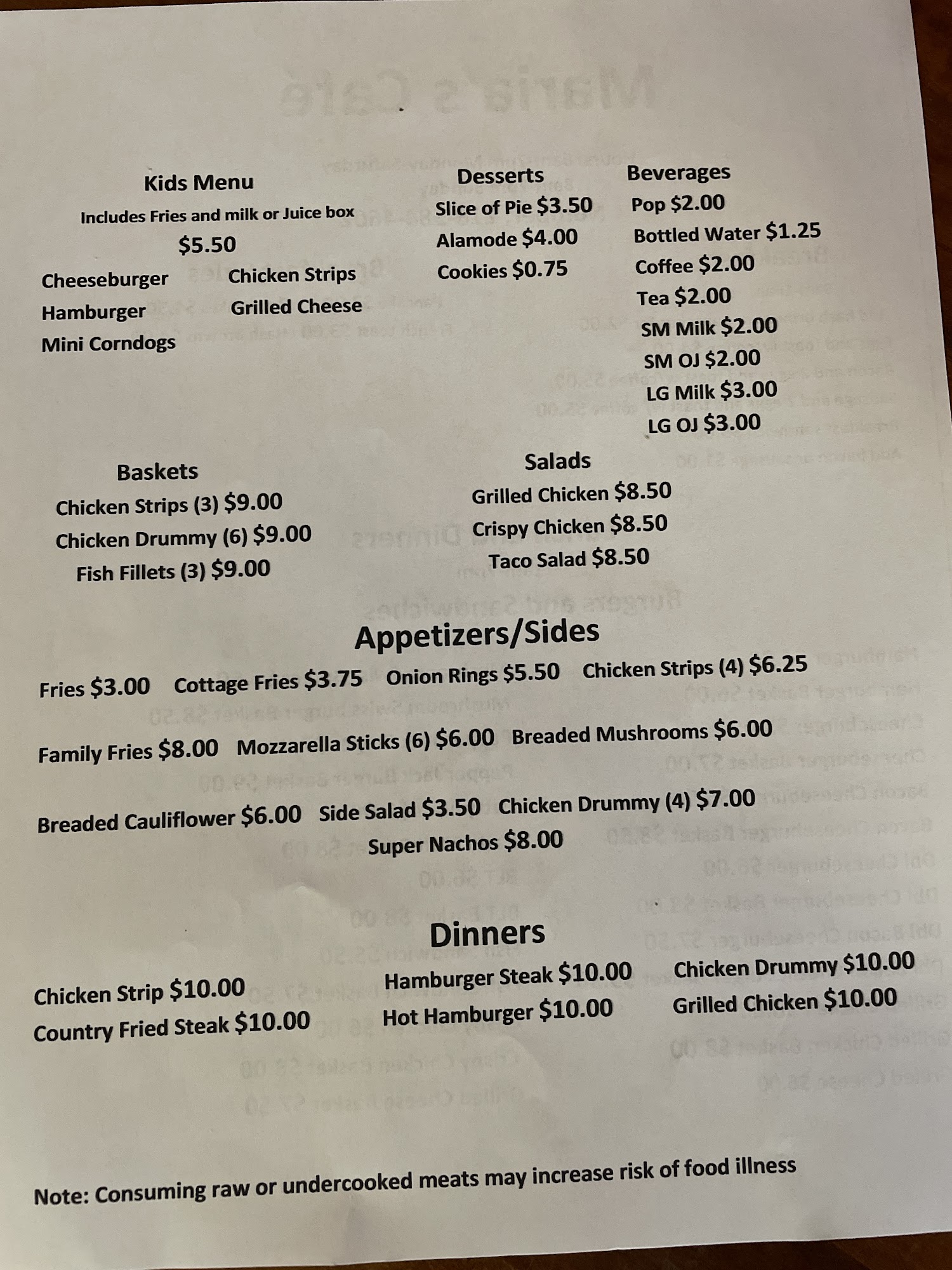 Maria’s Cafe Menu