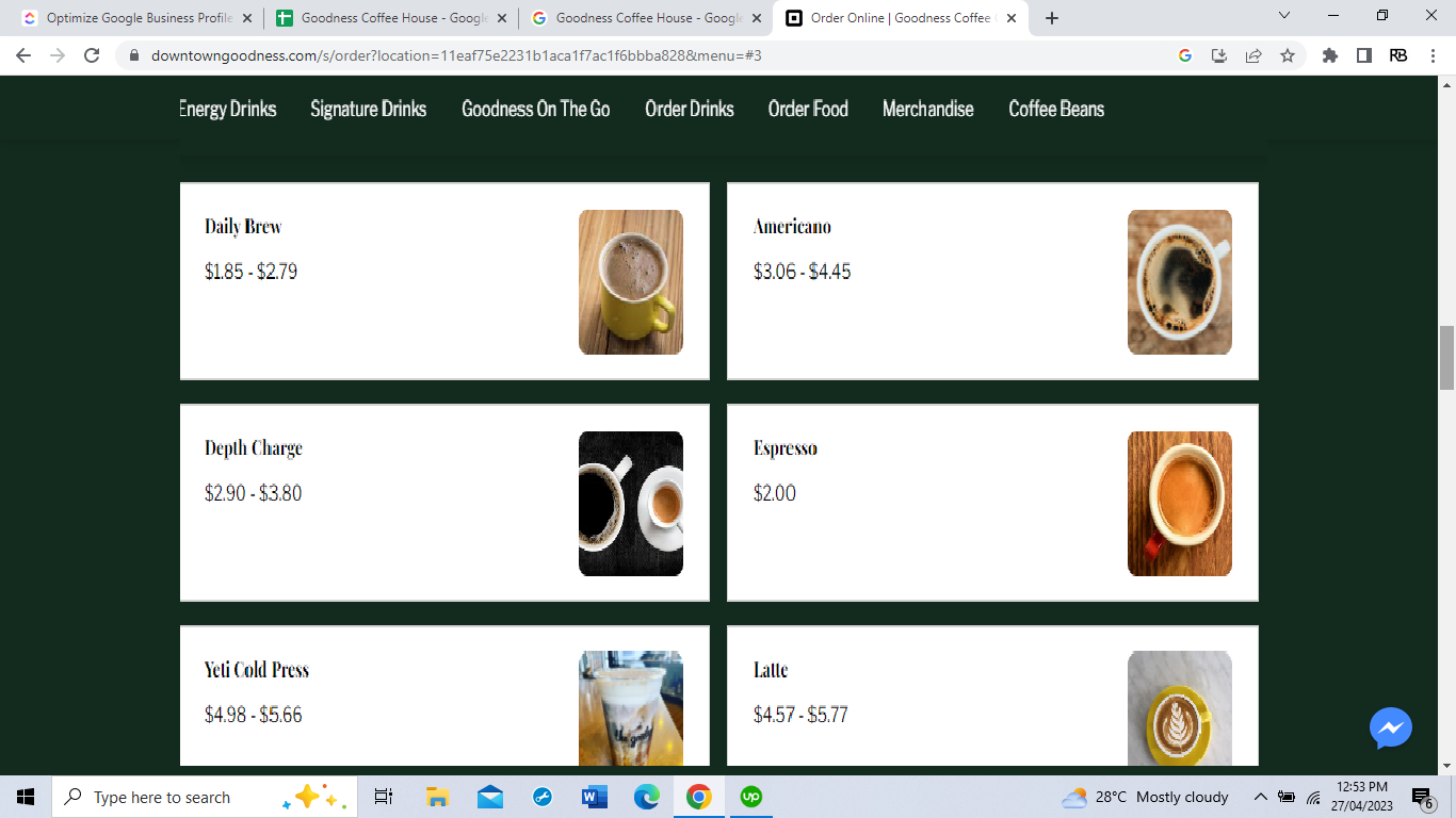 Goodness Coffee Company Menu