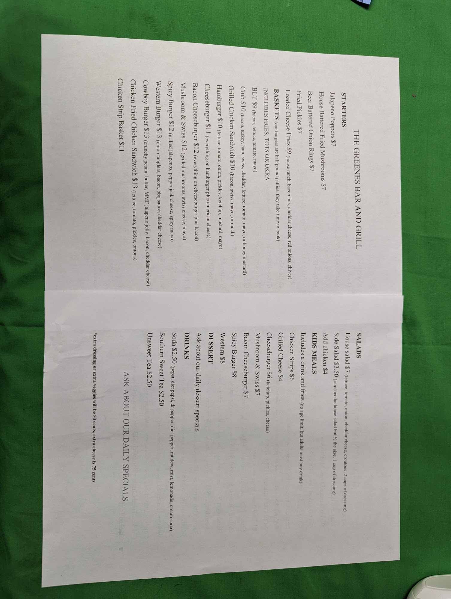 The Greene's Bar & Grill Menu