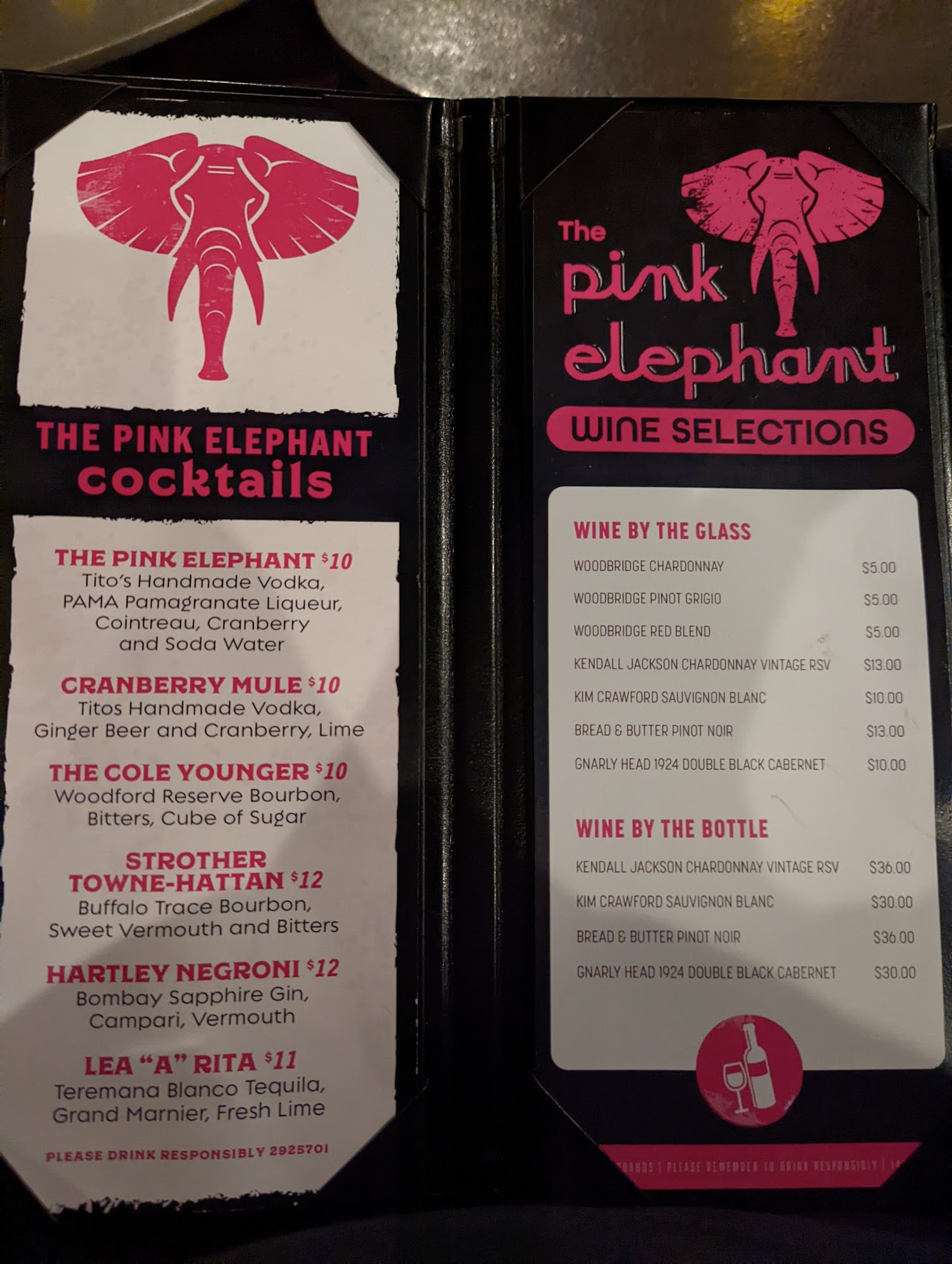 Pink Elephant Menu