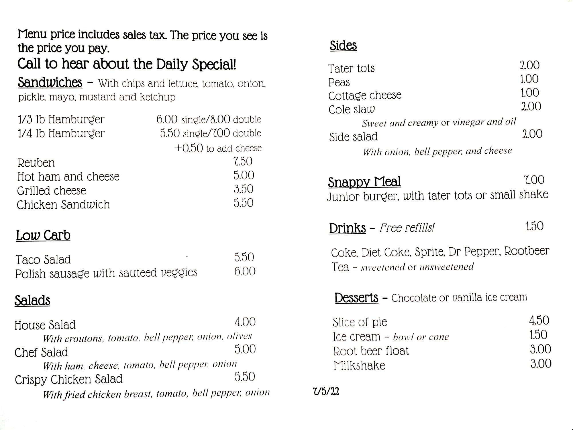 Daylight Diner Menu