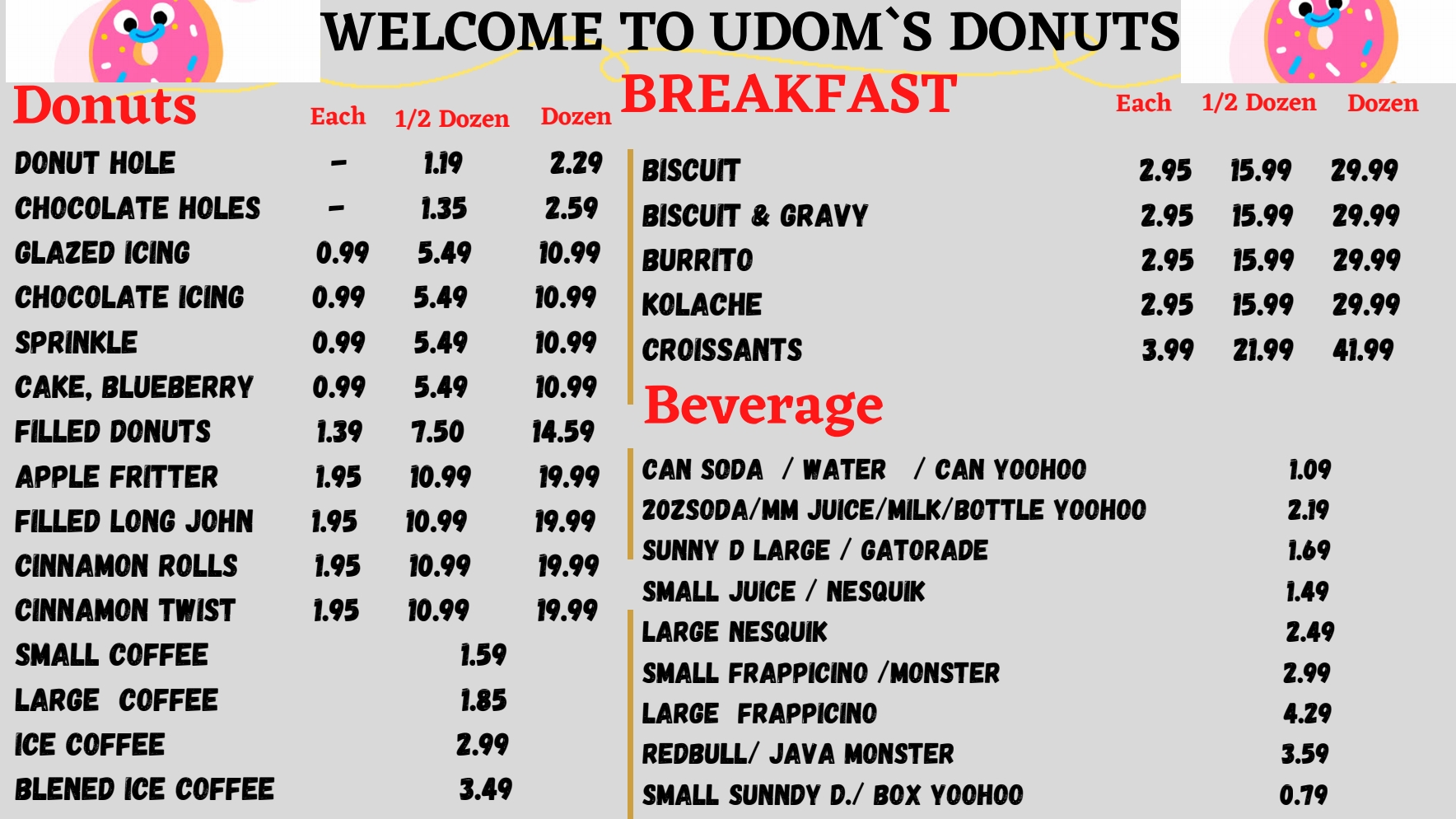 Udom`s Donuts Menu