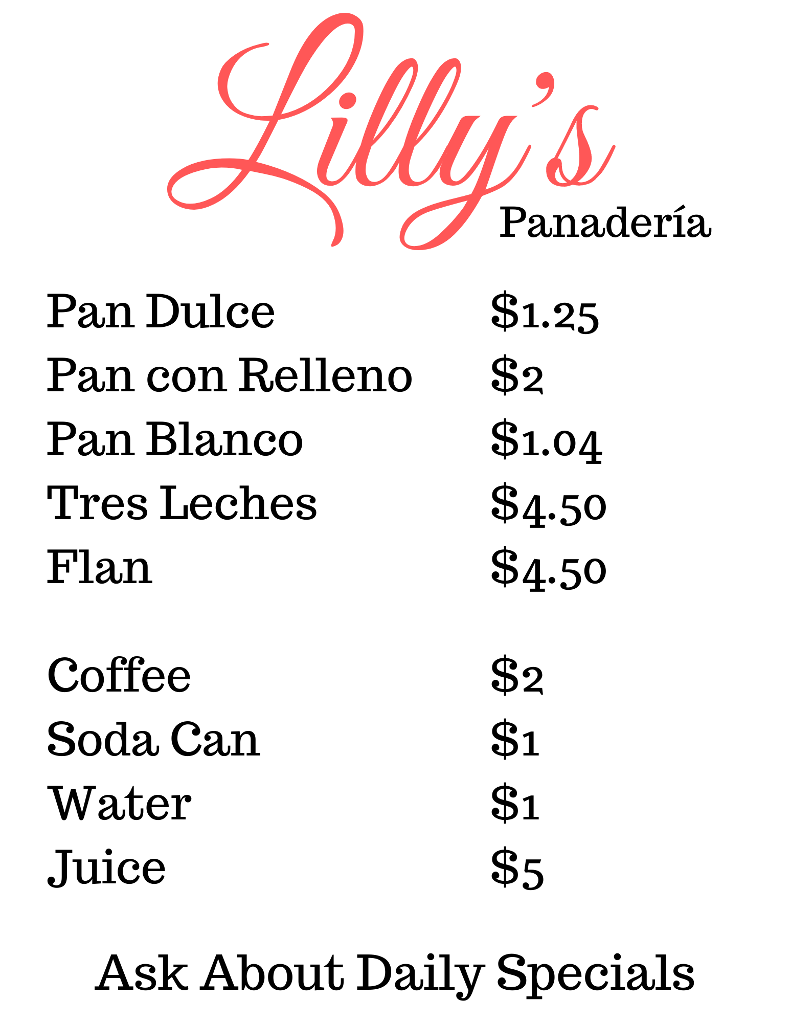 Lilly's Panaderia Menu