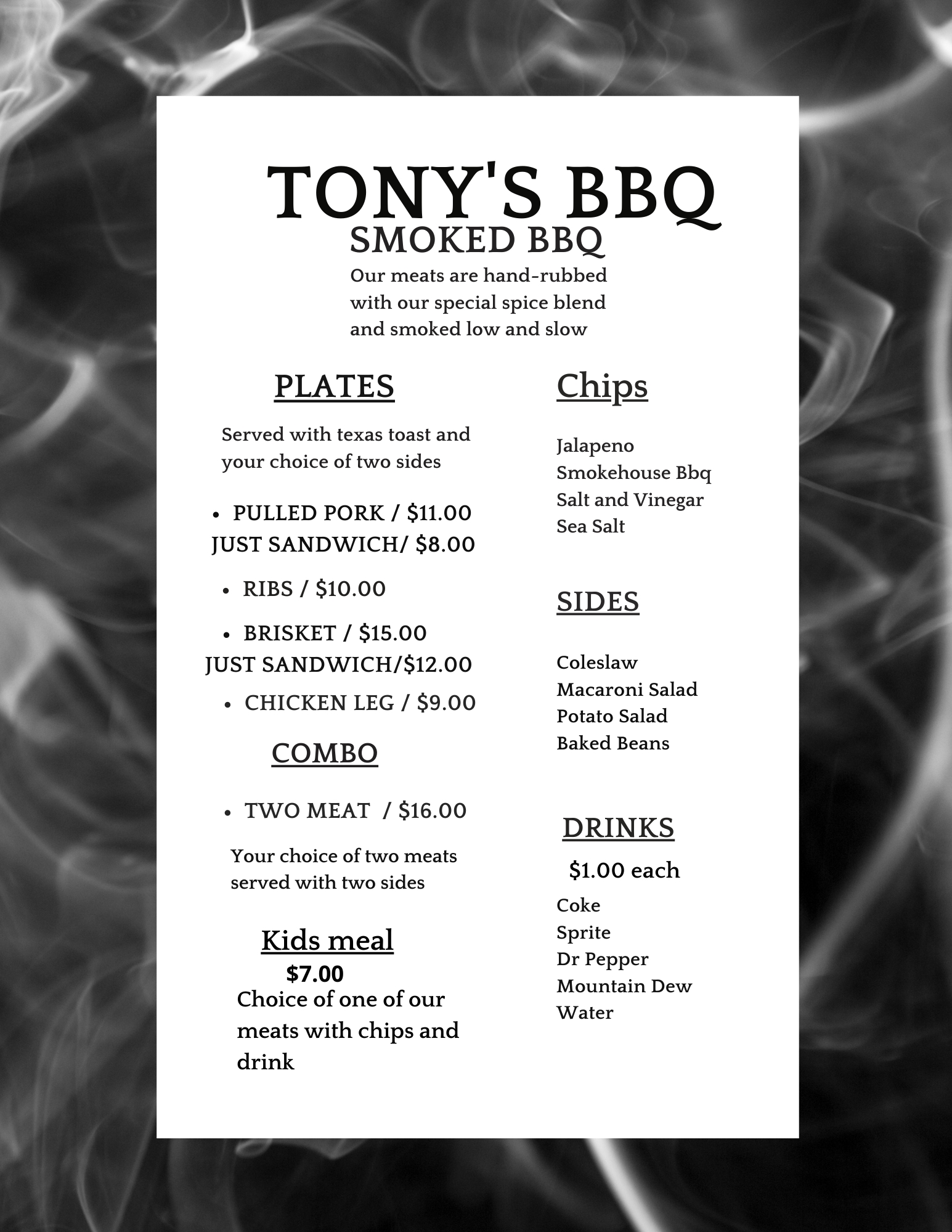 Tony's BBQ llc Menu