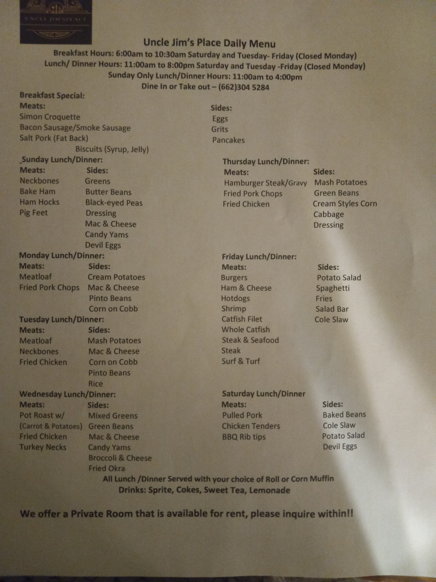 UNCLE JIM'S PLACE Menu