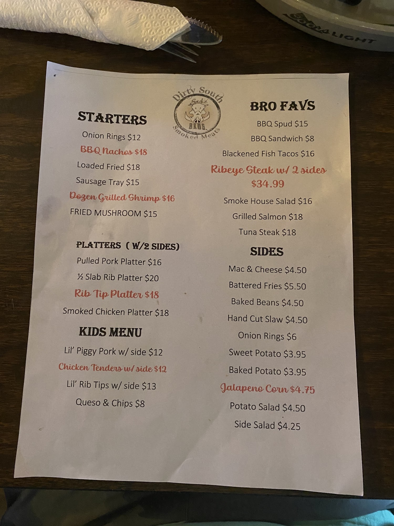 Smokin' Bros Menu