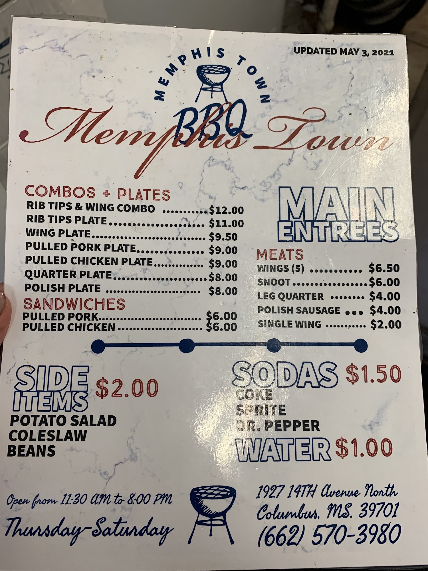 Memphis Town BBQ Menu