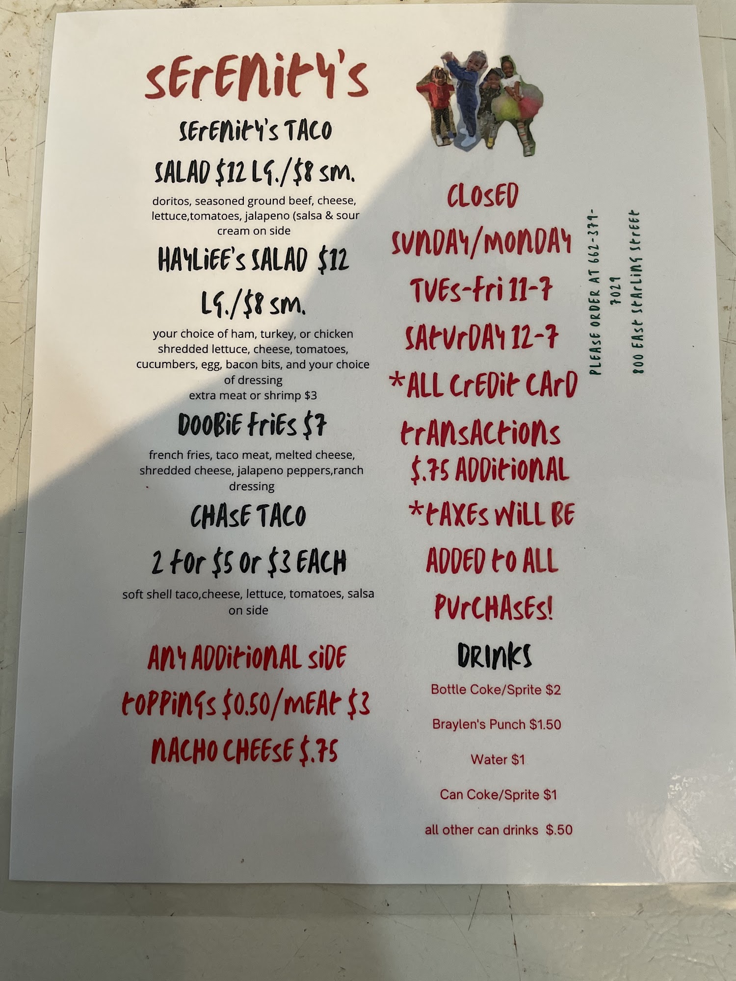 Serenity’s Taco Salad Menu