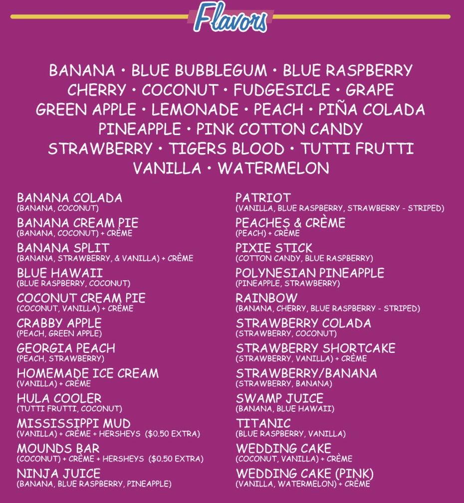 Sno Biz 130 Dixon Road Menu