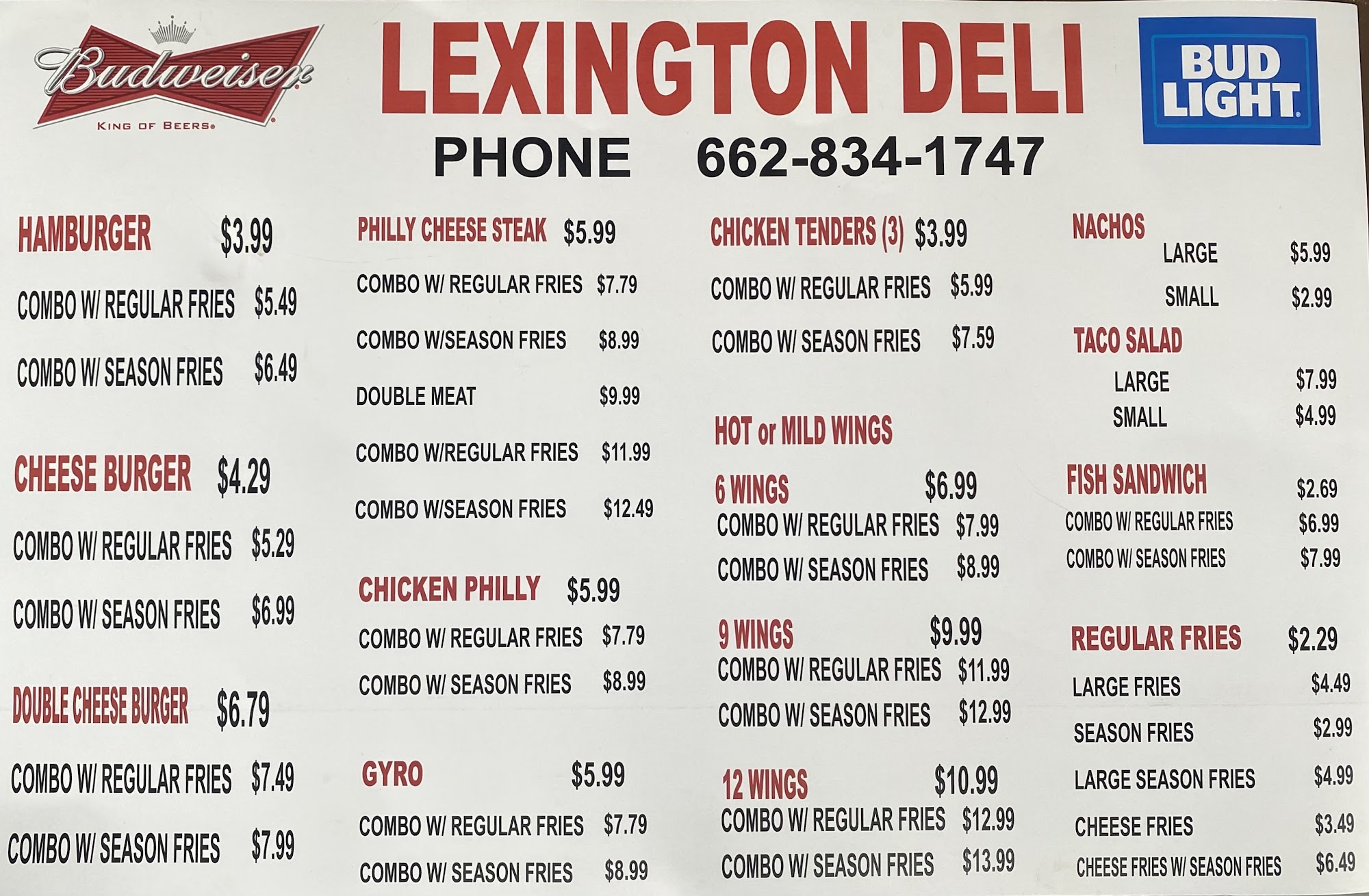 Lexington Deli mart Menu