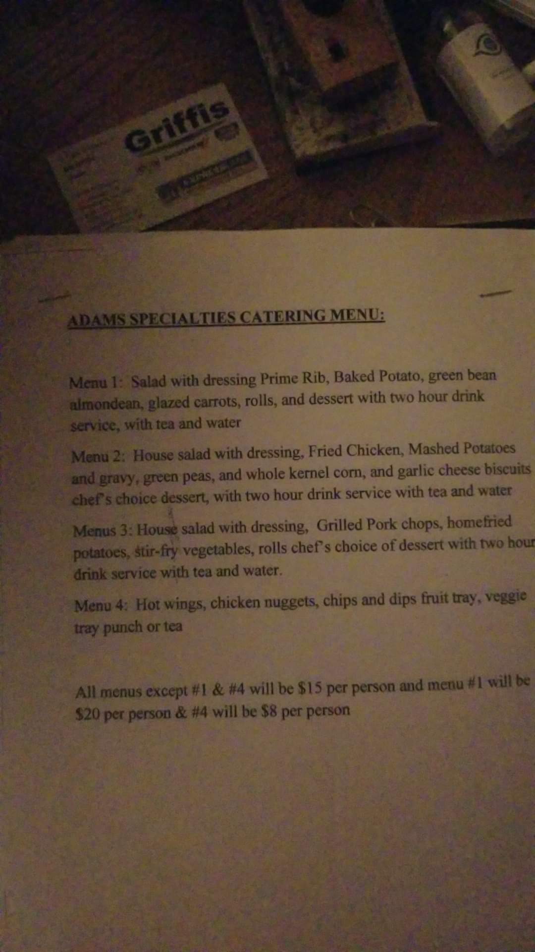 Adams Specialties bakery Menu