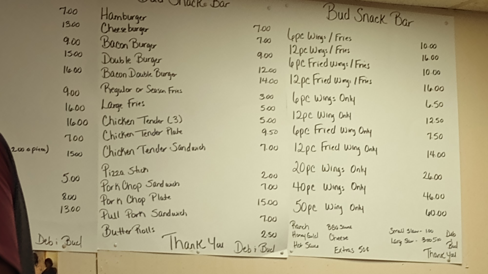 Bud Snack Bar Menu