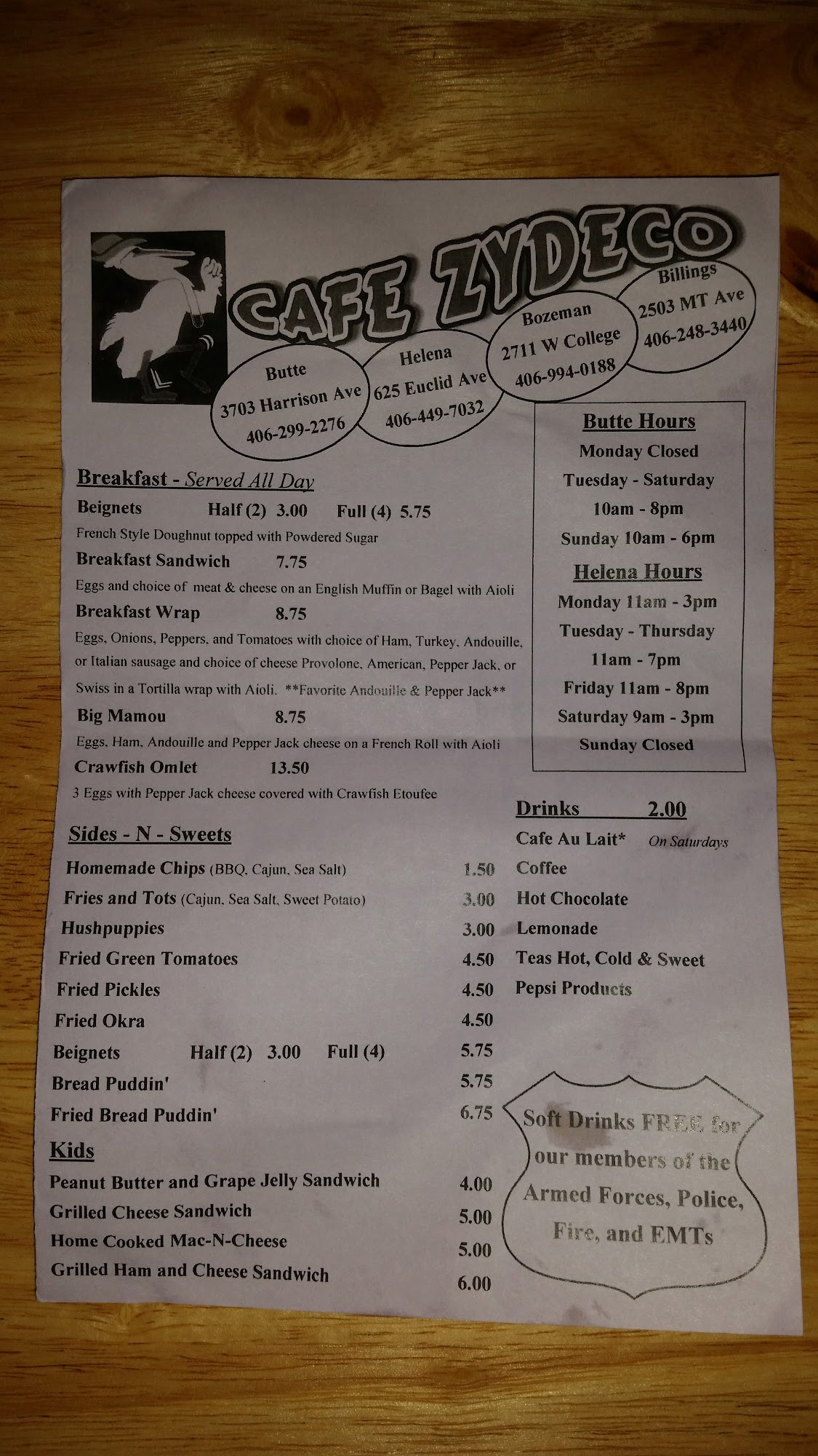 Cafe zydeco Menu