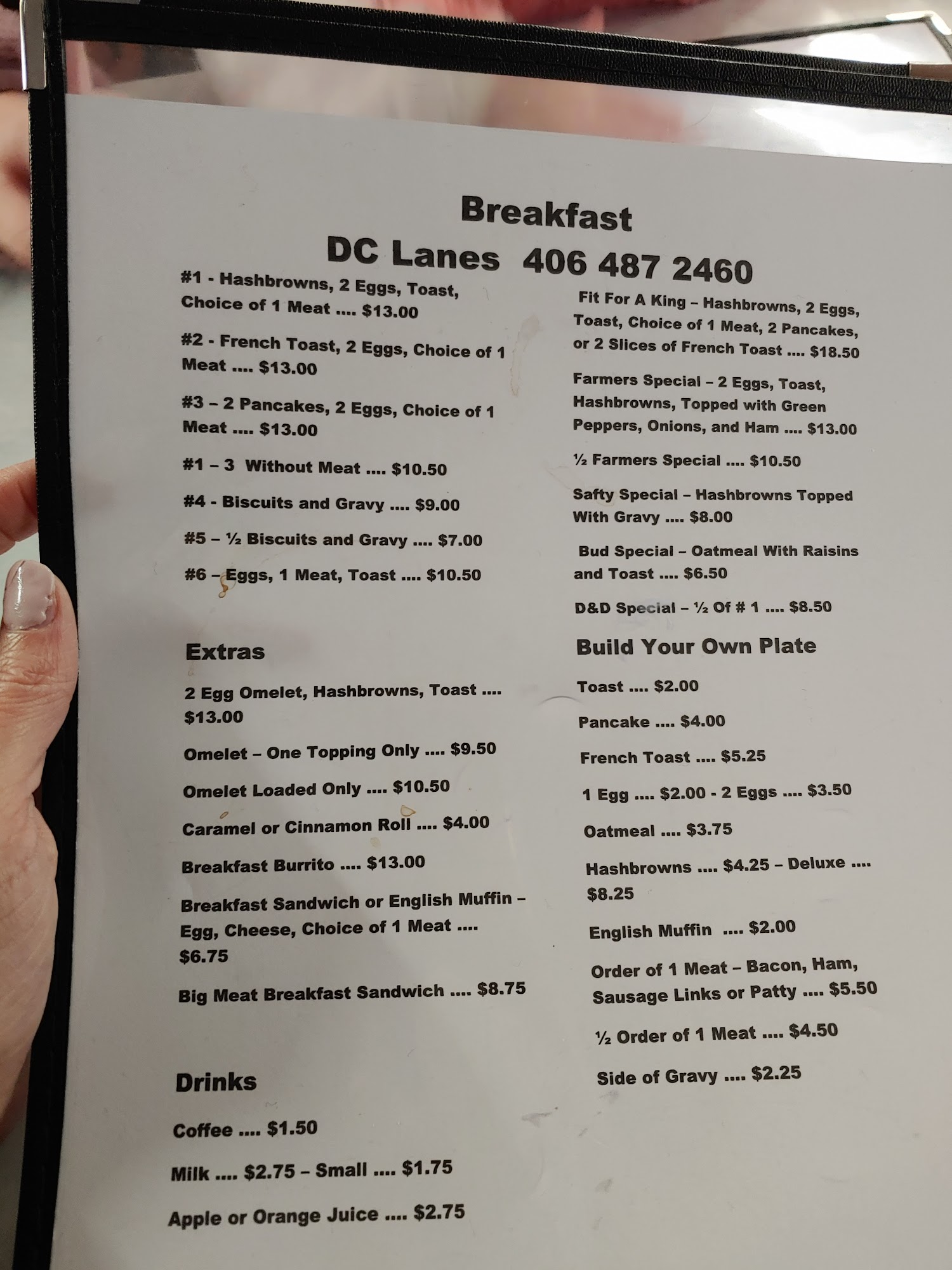 DC Lanes Cafe Menu