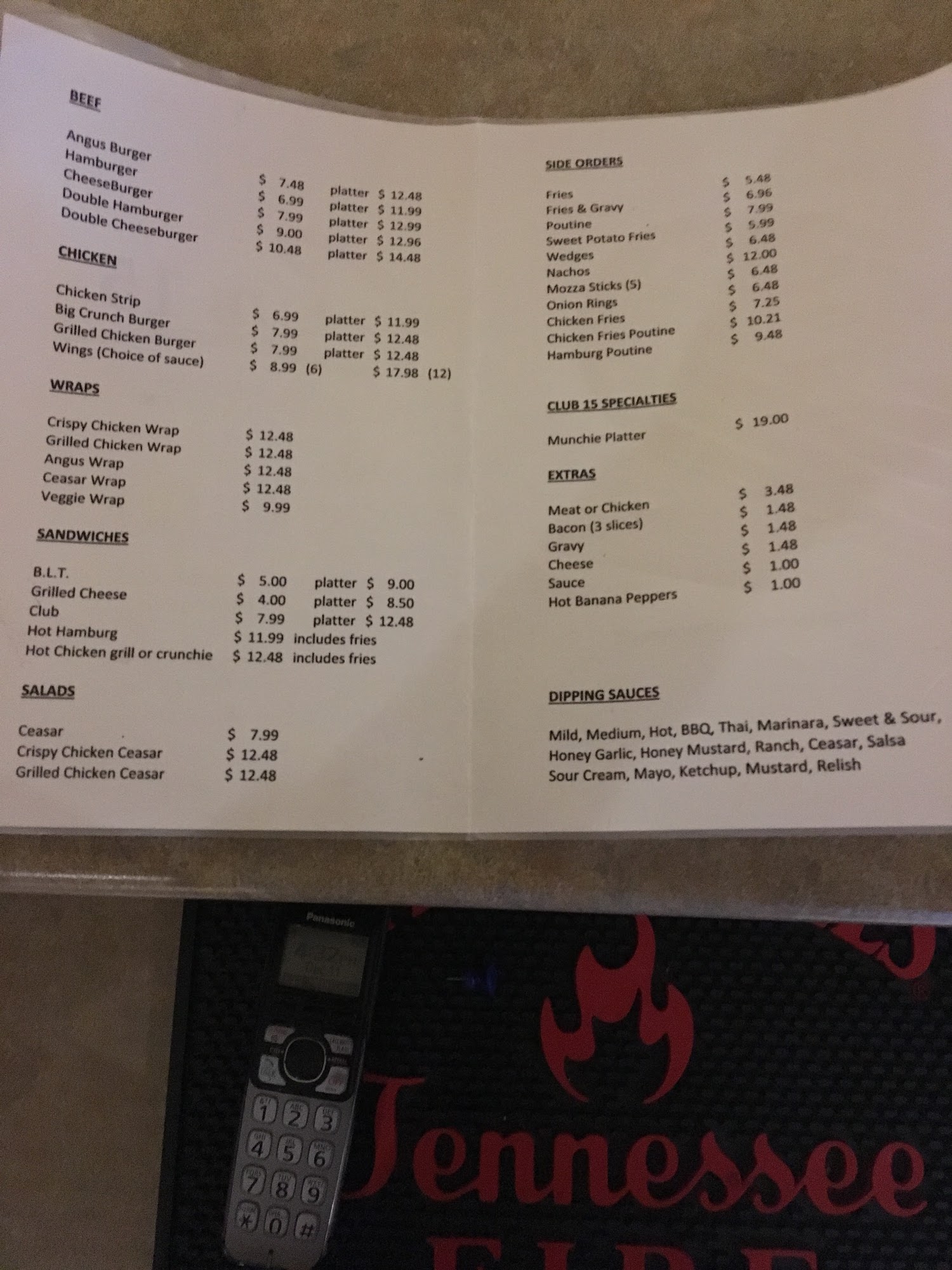 Club 15 sports bar and grill Menu