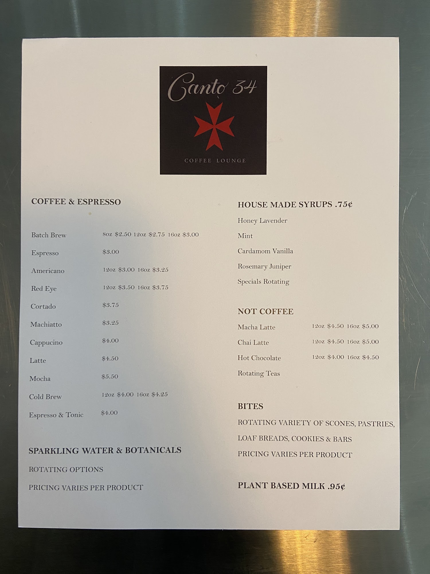 Canto 34 Coffee Lounge Menu