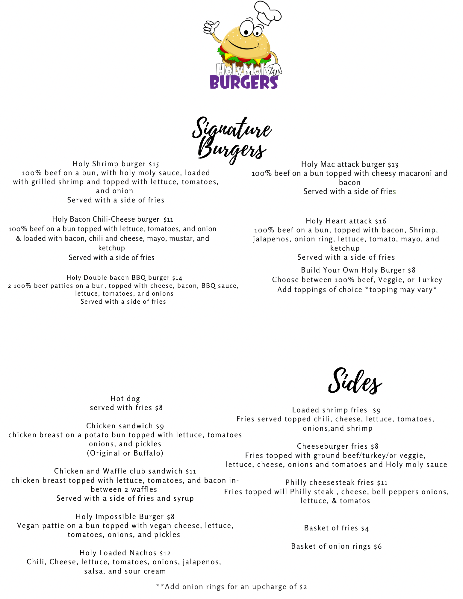 Holy Moly Burgers food truck Menu