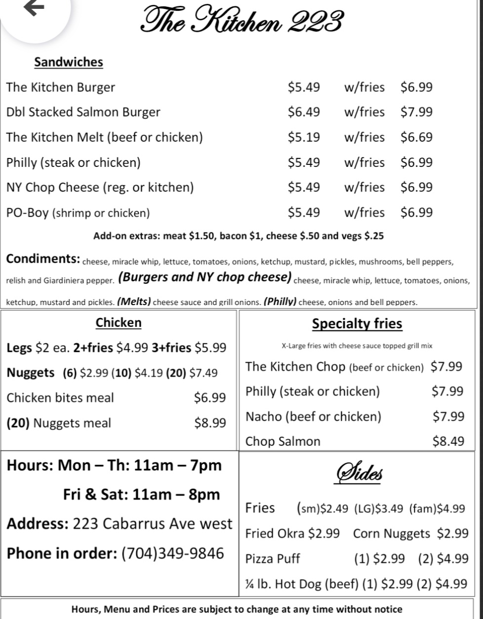 The Kitchen 223 Menu